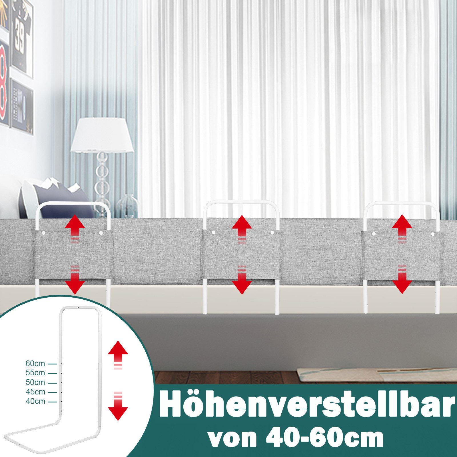 FIVMEN Bettschutzgitter Bettgitter Bettkantenschutz Höhenverstellbar Sicherheitsgeländer, für Kinder Bett, Leinengrau