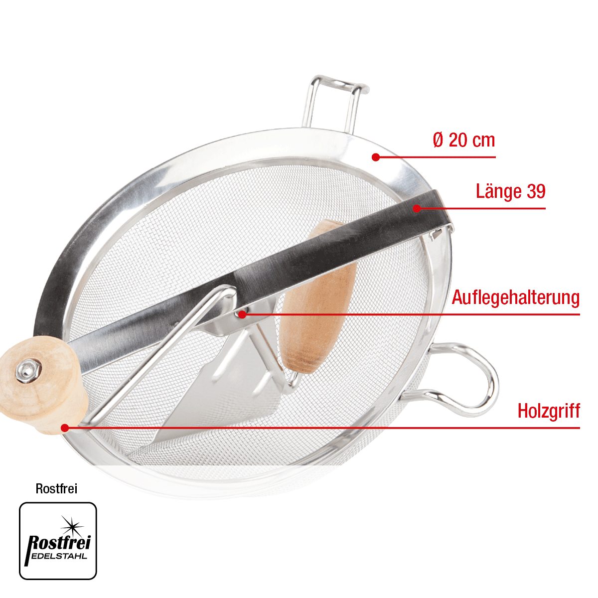 EUROHOME Passiersieb Edelstahl Passiermaschine mit abnehmbarem Rührwerk, Edelstahl, (1-St., Küchensieb Ø20 cm), Küchenmaschine mit feinem Sieb - Küchenhelfer