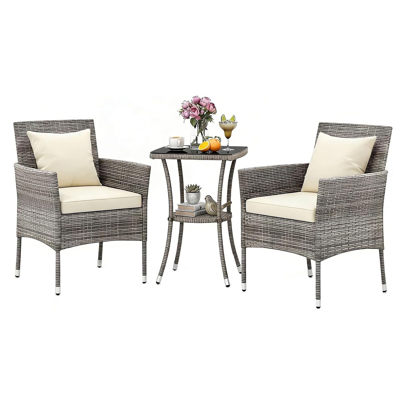 KOMFOTTEU Gartenbar-Set Balkonmöbel Bistrotisch mit 2 Stühlen, (3-tlg), inkl. Kissen