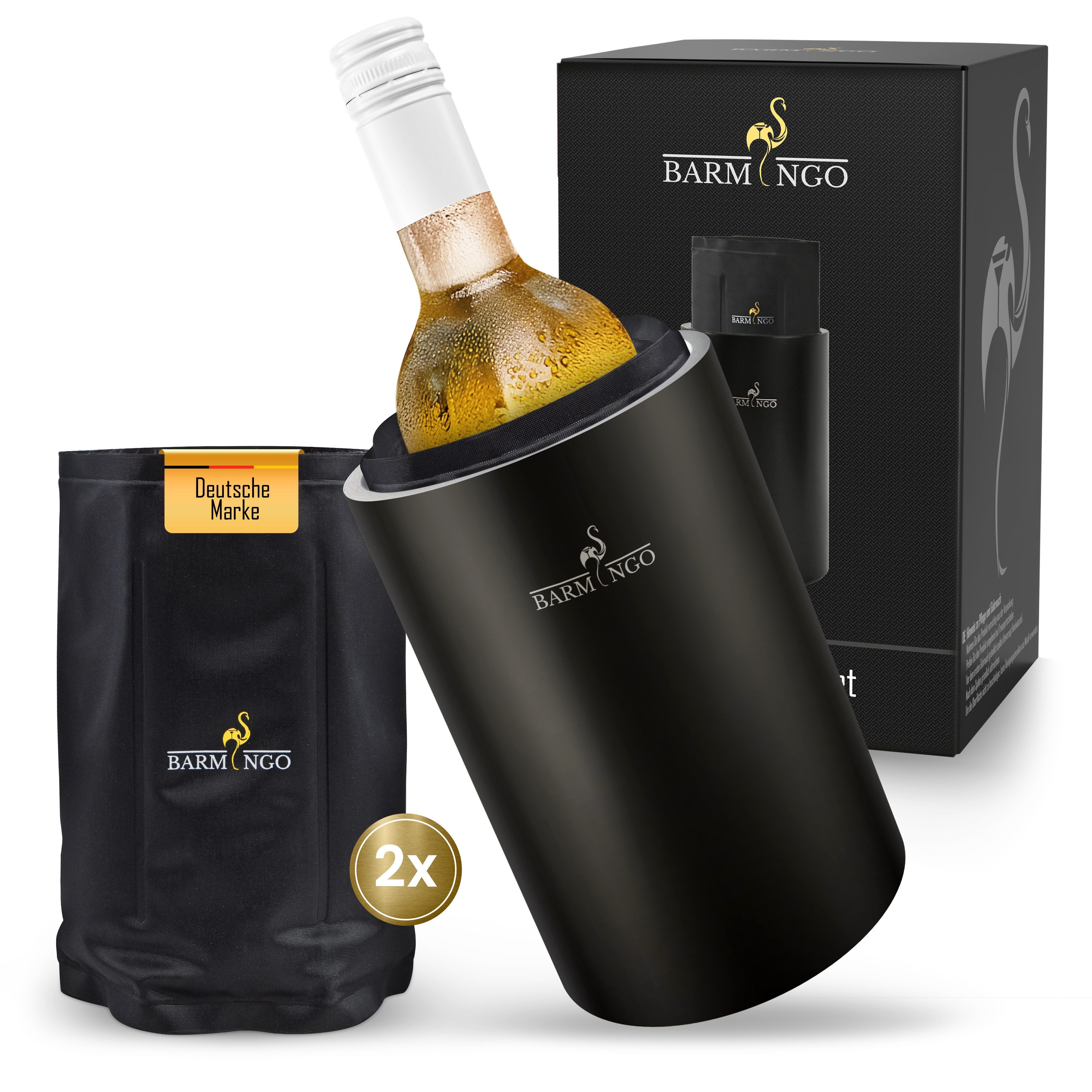 BARMINGO Wein- und Sektkühler Edelstahl mit 2 Kühlmanschetten, Weinflaschenkühler & Getränkekühler, doppelwandiger Flaschenkühler für Wein, Sekt & Champagner