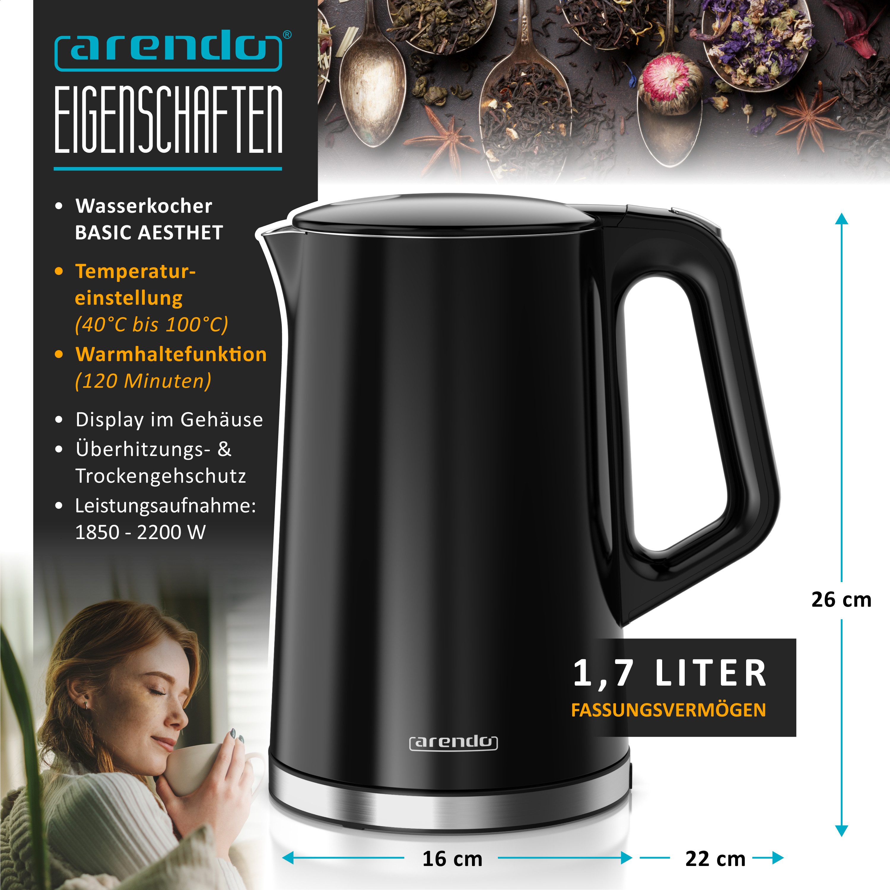 Arendo Wasserkocher aus Edelstahl, Temperatureinstellung 40°–100°C mit Anzeige, Doppelwand, 1,7 l, 2200 W, Teekocher mit Temperaturanzeige, Überhitzungsschutz, Warmhaltefunktion