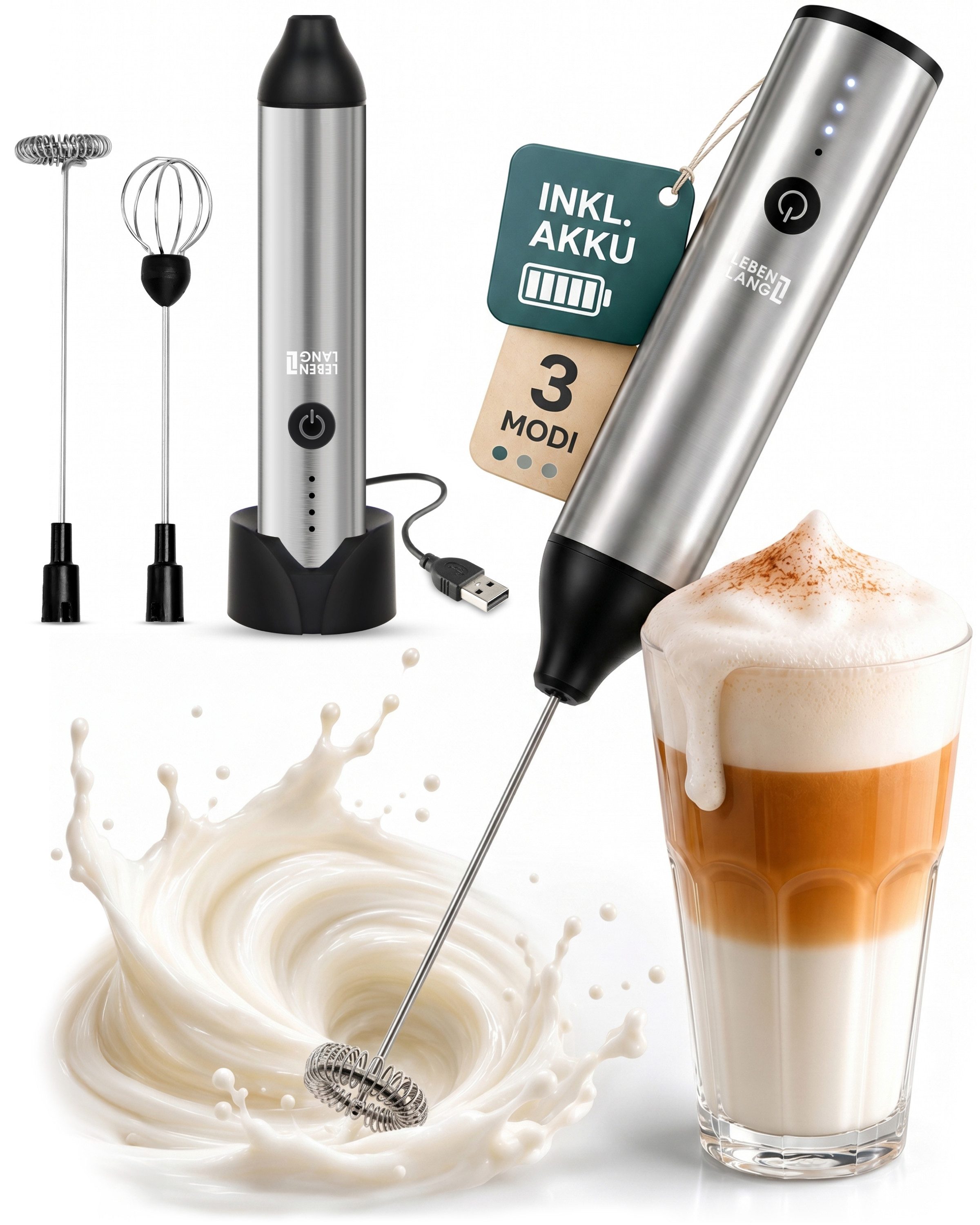 Lebenlang Milchaufschäumer Stab - Elektrisch & Wiederaufladbar - Inkl. Extra Rührbesen, 8 W, 3 Modi - Auch für Sahne, Rührei und Dressings