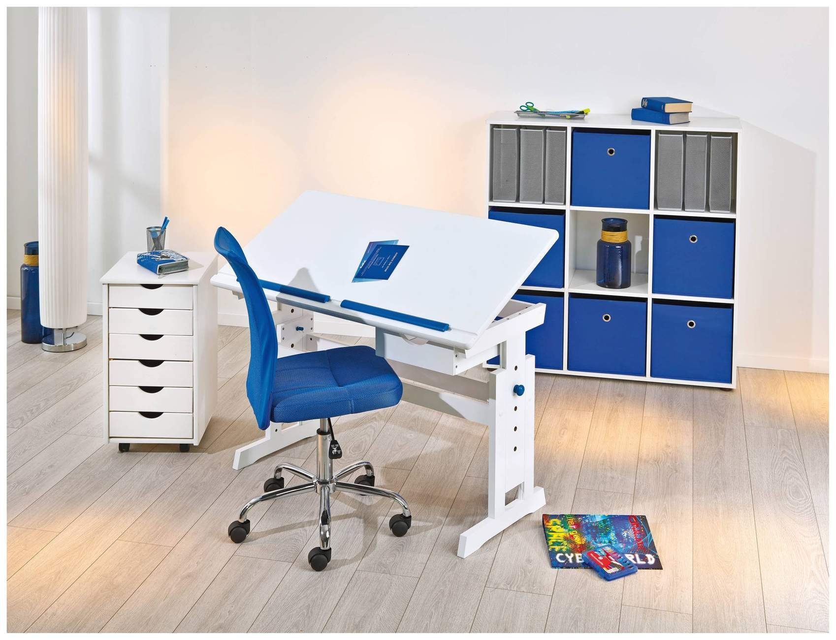 Inter Link Kinderschreibtisch Kinderschreibtisch BARU Bonnie mit blau und Rollcontainer SIMON Stuhl