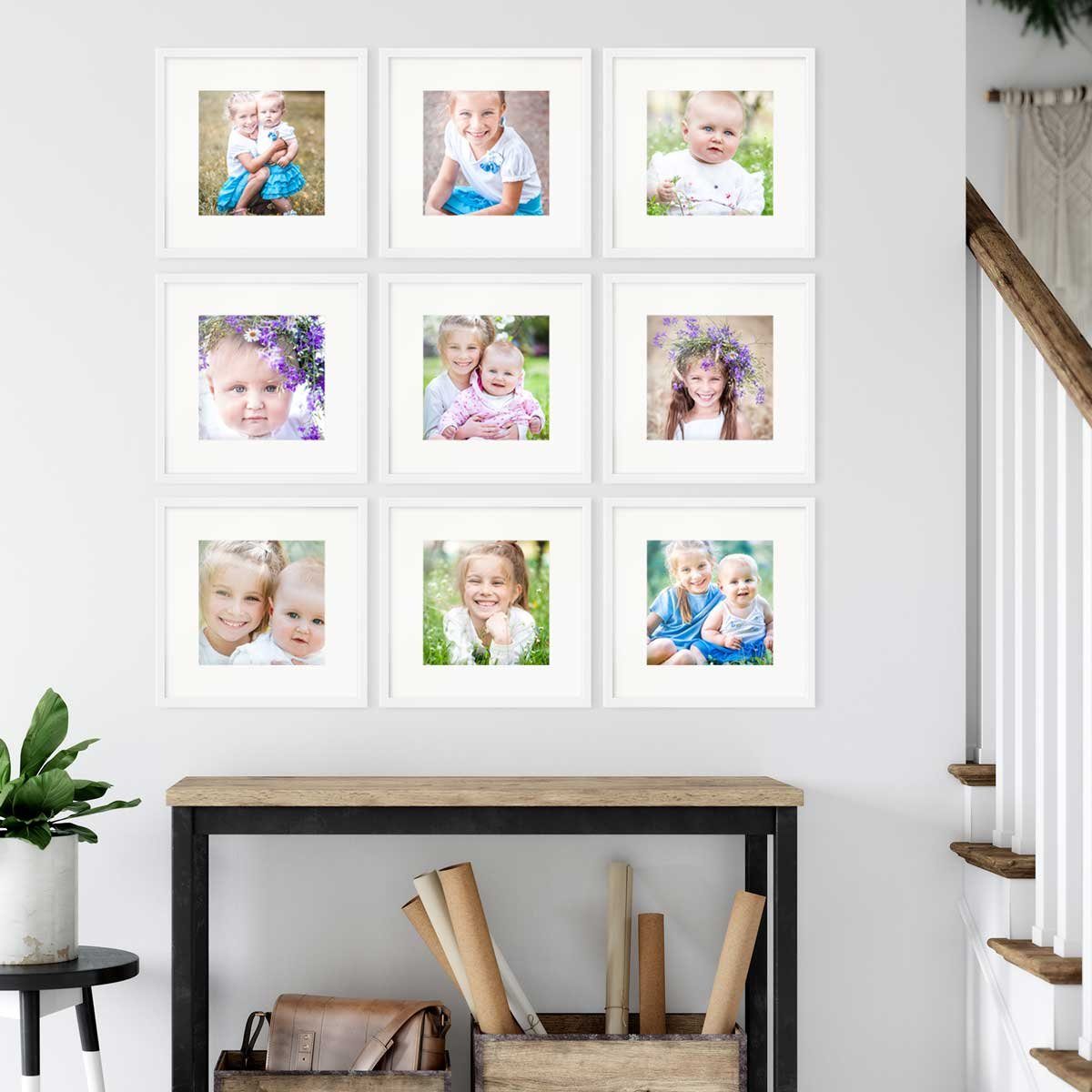 PHOTOLINI Bilderrahmen 9er Set 30x30 cm Modern Schmal mit Passepartout Weiss