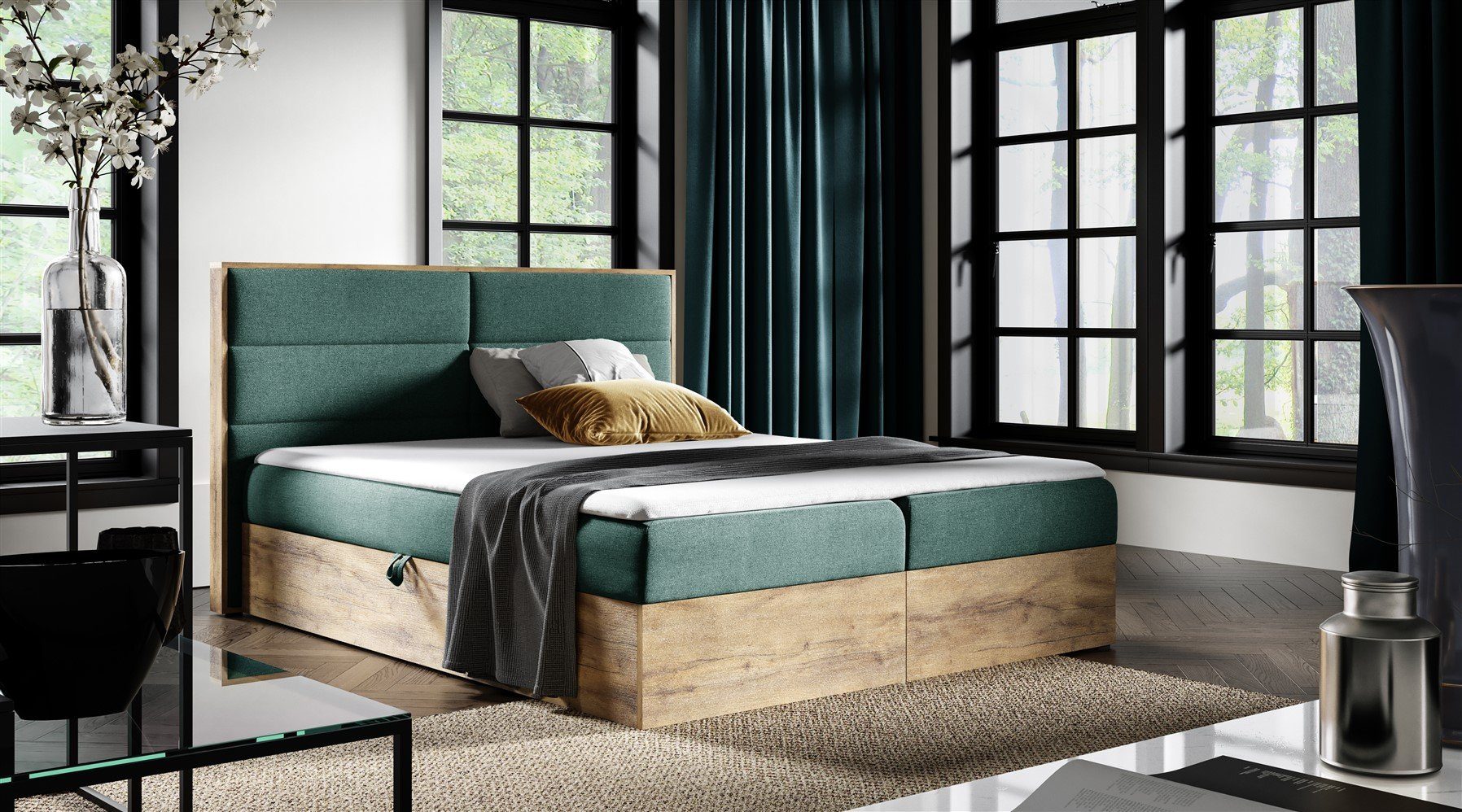 Fun Möbel Boxbett Schlafzimmerbett LAMBROS in Stoff, Lancelot-Eiche-Optik (auch in Überlänge erhältlich, inkl. Kaltschaumtopper und Bettkästen), Lancelot-Eiche-Optik