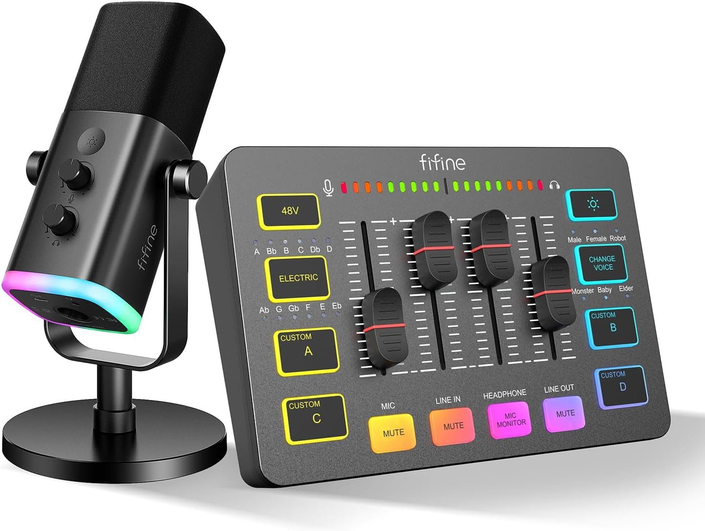 FIFINE Mischpult Gaming Audio Mixer, Streaming RGB PC Mixer mit XLR Mikrofon Interface, XLR Streaming Mikrofon & Gaming Audio Mixer für Podcast Studio