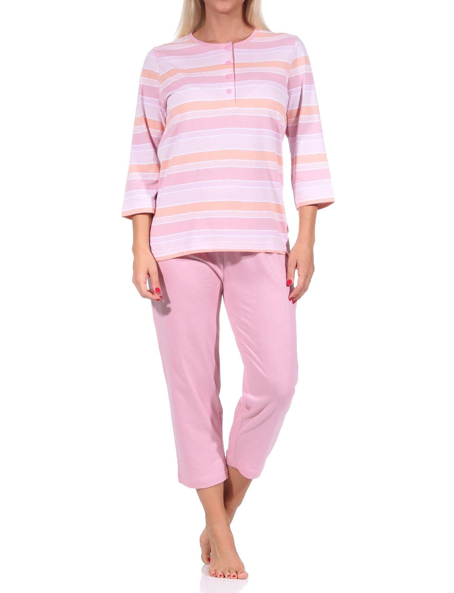 Normann Pyjama Damen Capri Schlafanzug kurzarm in zarter pastell Streifenoptik