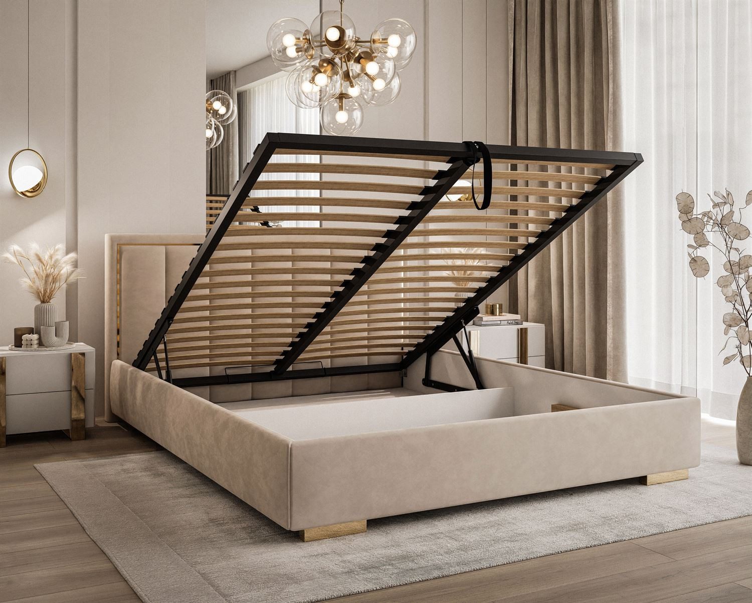 Lookway Polsterbett AURELIA SILVER mit Bettkasten, Metallrahmen und 123 cm hohem Kopfteil (Bett mit Metallgestell), Bett in 4 Größen und 5 Farben