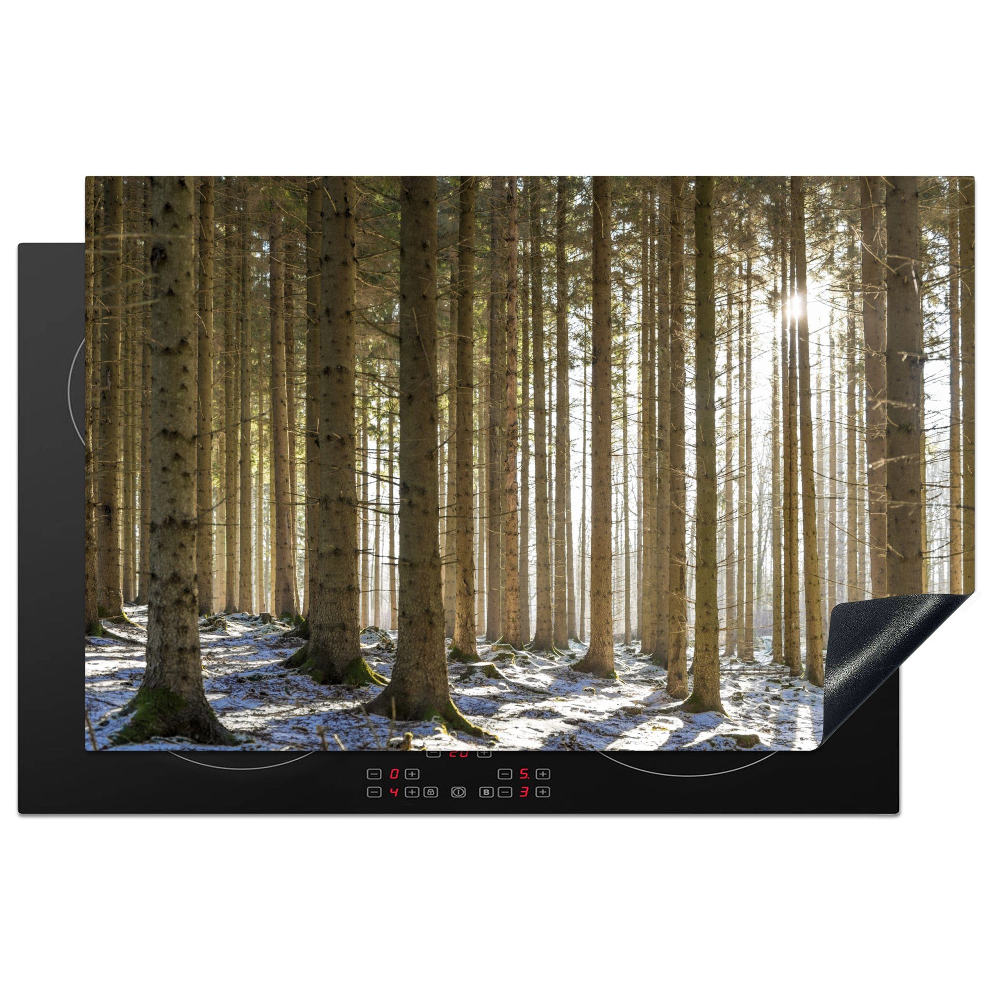 MuchoWow Herdblende-/Abdeckplatte Ein Wald mit Baumstämmen in einer Winterlandschaft, Vinyl, (1 tlg), 81x52 cm, Induktionskochfeld Schutz für die küche, Ceranfeldabdeckung