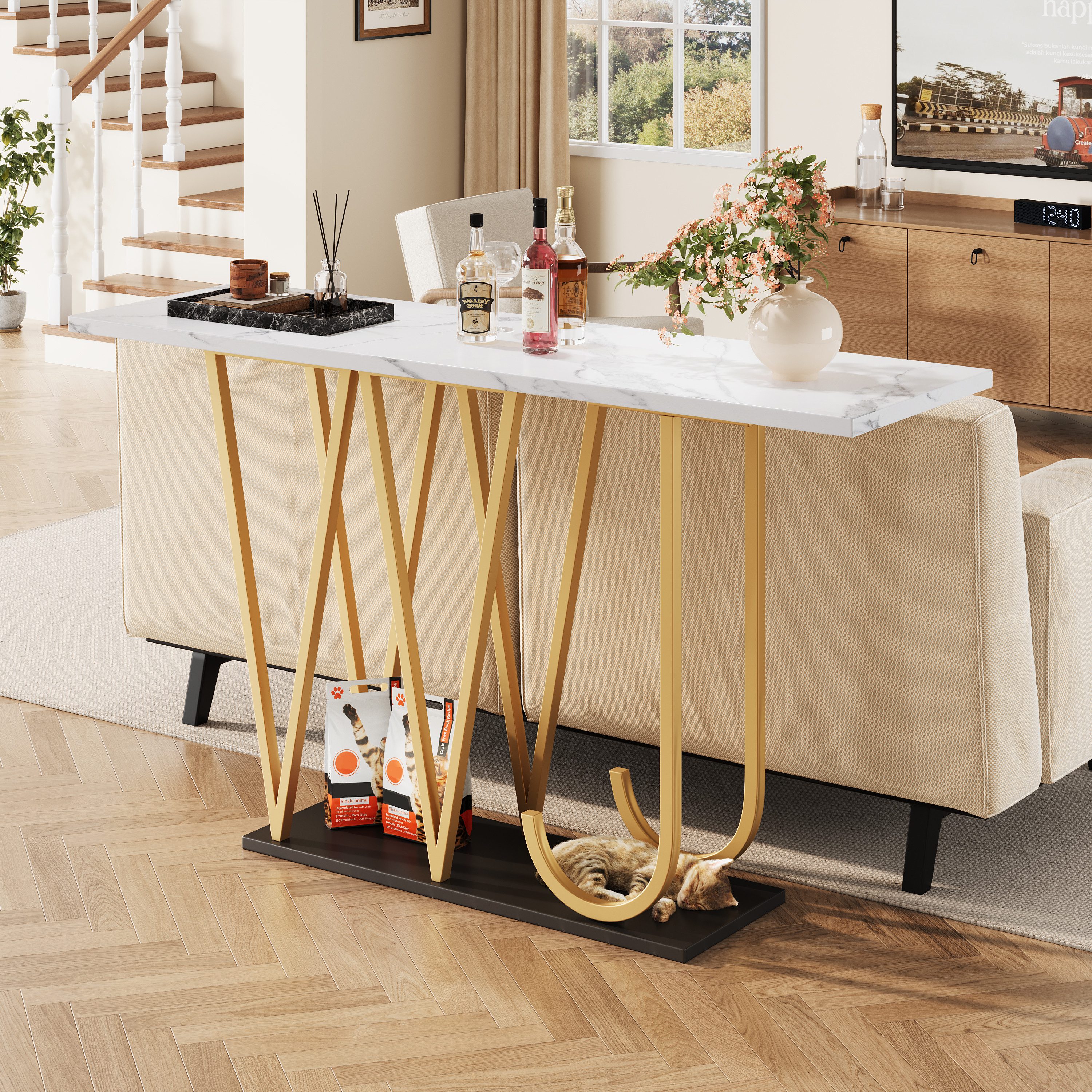 REDOM Esstisch Flurtisch, Küchentisch, Balkontisch (Flurtisch 120 cm mit Marmoroptik Tischplatte, Goldfarbene Metallbeine, Stauraum, 1-St., 120 x 29,5 x 80 cm)