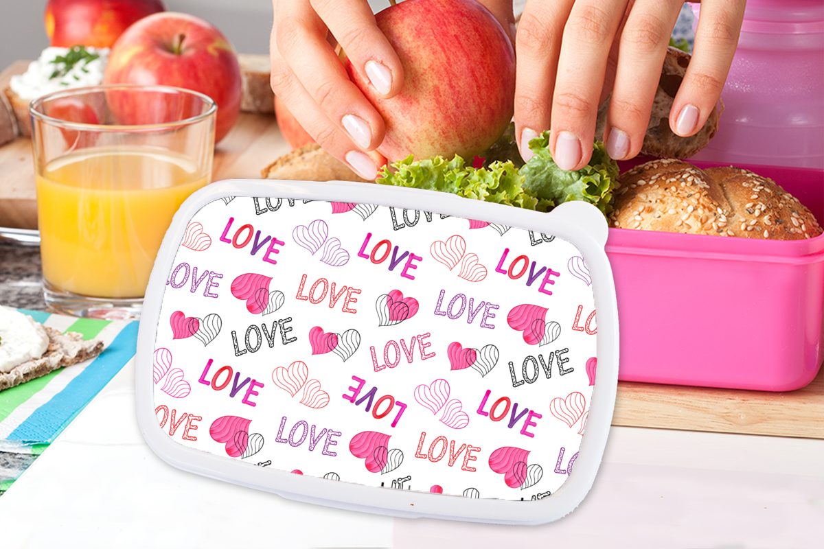 Kunststoff Valentinstag rosa Liebe Brotbox - Erwachsene, (2-tlg), Lunchbox Brotdose Snackbox, MuchoWow - Mädchen, Muster, für Kunststoff, Kinder,