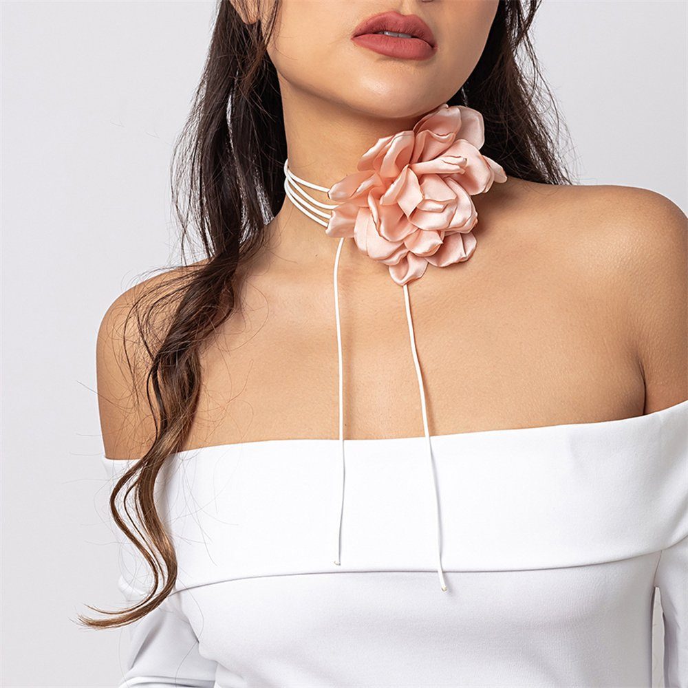 Rouemi Choker Halskette, Blumenkette, Satin-Halskette für die Braut Aprikose