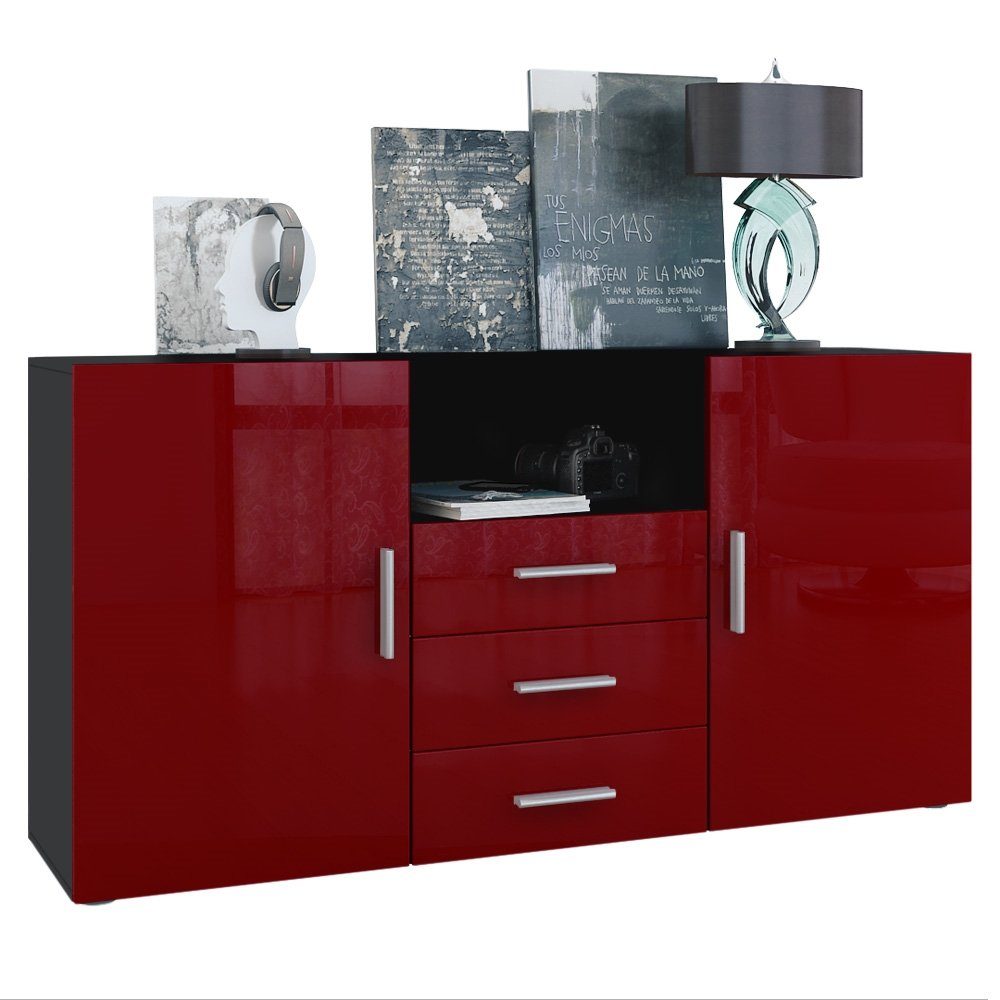 Vladon Sideboard Skadu (Kommode, mit 2 Türen, 3 Schubladen und 1 offenem Fach), Schwarz matt/Bordeaux Hochglanz (138,5 x 71,5 x 35 cm)