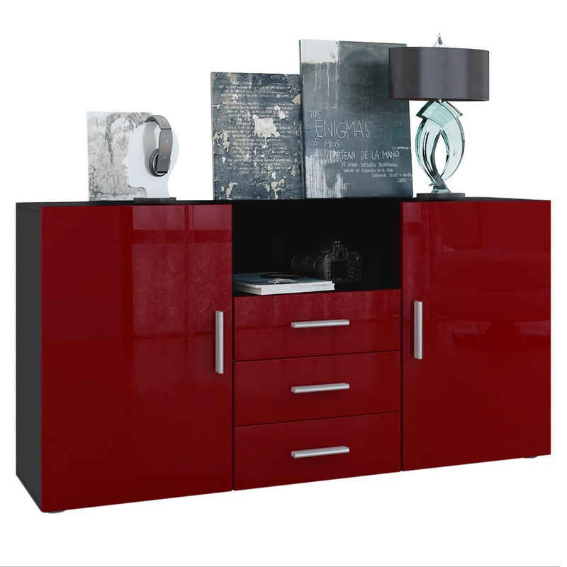 Vladon Sideboard Skadu (Kommode, mit 2 Двери, 3 Выдвижные ящики und 1 offenem Fach), Schwarz matt/Bordeaux Hochglanz (138,5 x 71,5 x 35 cm)