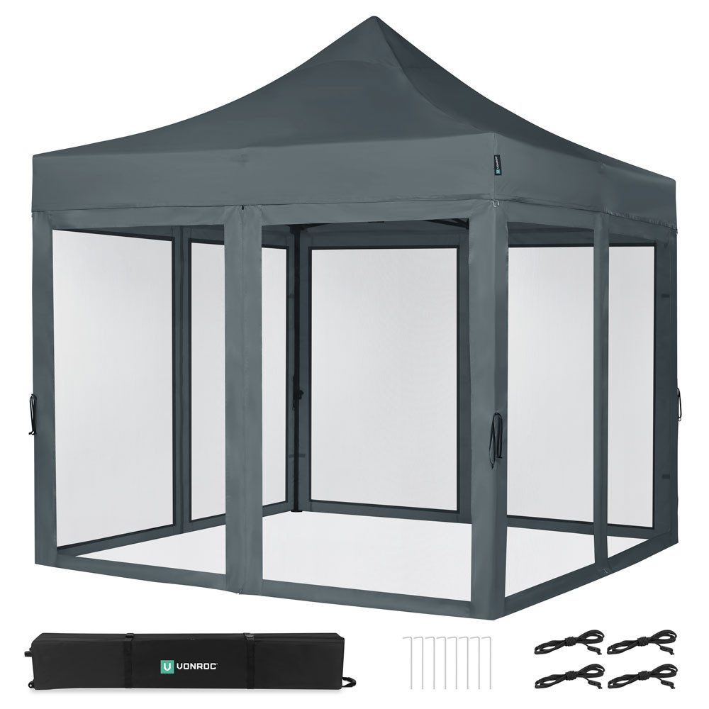 VONROC Pavillon wasserdicht stabil - Partyzelt EasyUp System - Faltpavillon, (SET, Je nach Set mit Insektenschutz, Seitenwände oder 6x3m Verbindungskit), 3x3m, inkl. Tragetasche + Insektenschutz