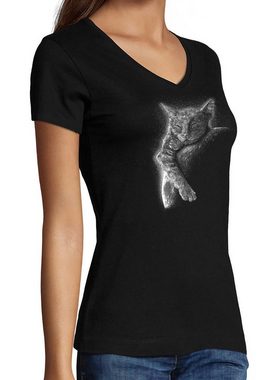 MyDesign24 T-Shirt Damen Katzen Print Shirt bedruckt - Schlafende Katze am Mond V-Ausschnitt Baumwollshirt mit Aufdruck, Slim Fit, i123