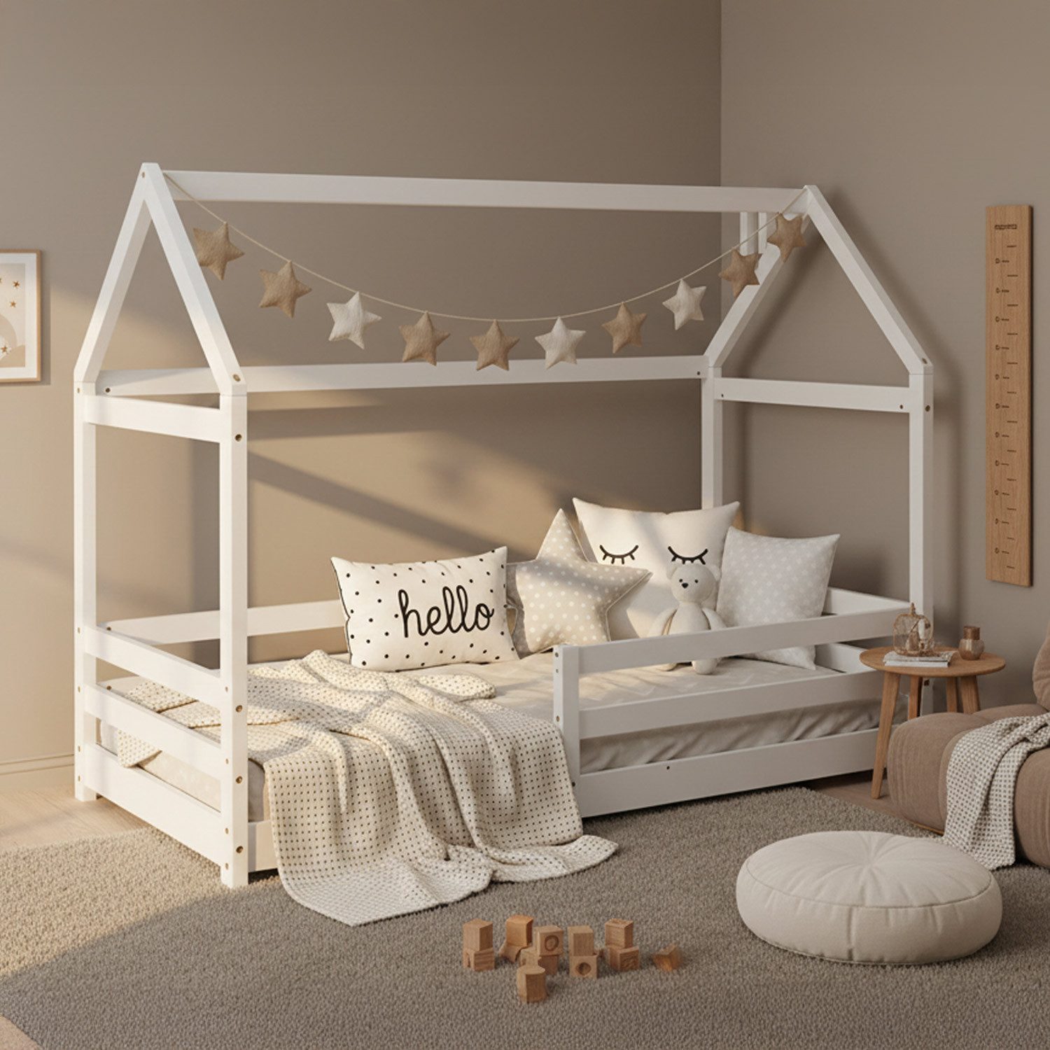 Homestyle4u Hausbett 80x160 cm Kinderbett Bodenbett Holzbett Weiß Kleinkind Rausfallschutz (Set, mit Lattenrost), Kiefer