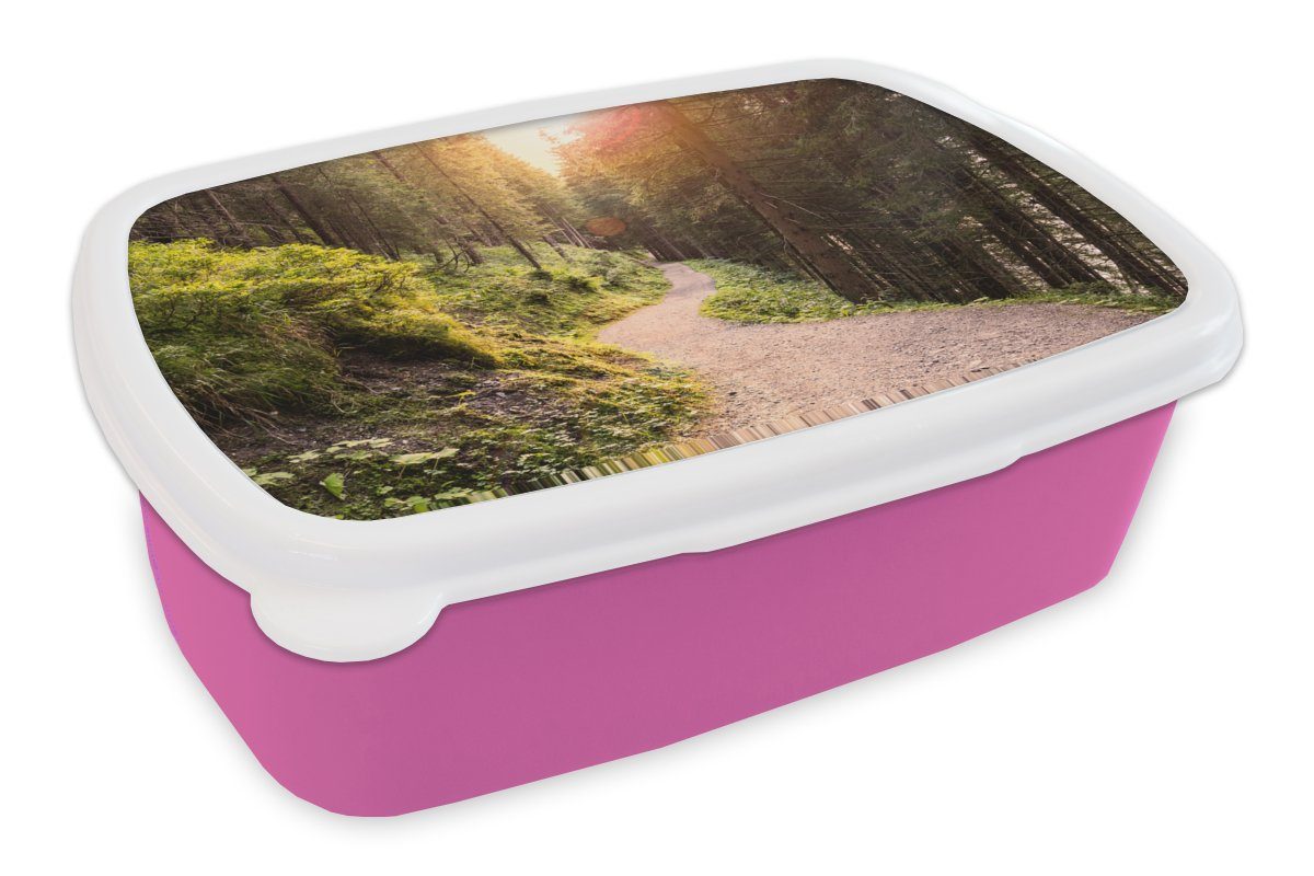 Wald Baum für - - (2-tlg), Mädchen, Kunststoff, Brotbox rosa Brotdose MuchoWow Grün, Erwachsene, Lunchbox Snackbox, Kinder, Kunststoff