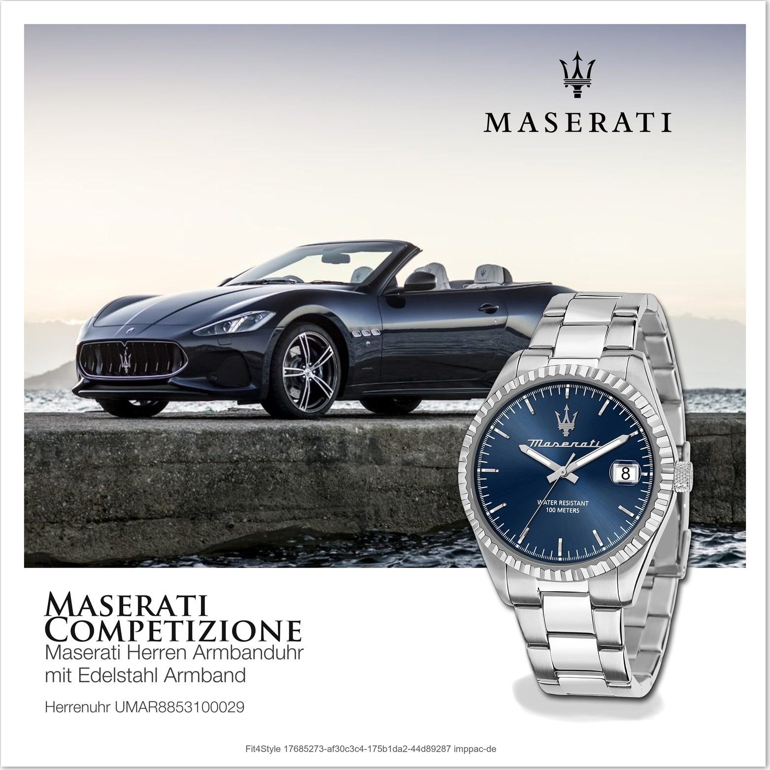 Maserati Edelstahlarmband, blau Herrenuhr rundes Edelstahl Gehäuse, Armband-Uhr, groß MASERATI (ca. Quarzuhr 43mm)