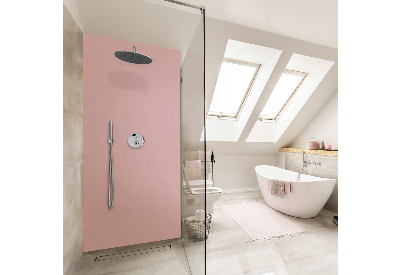 Thumbnail - Bilderdepot24 Badrückwand einfarbig rosa Duschrückwand ohne Bohren Dusche, (Hartfolie matt » Selbstklebend PREMIUM 0,61 ...