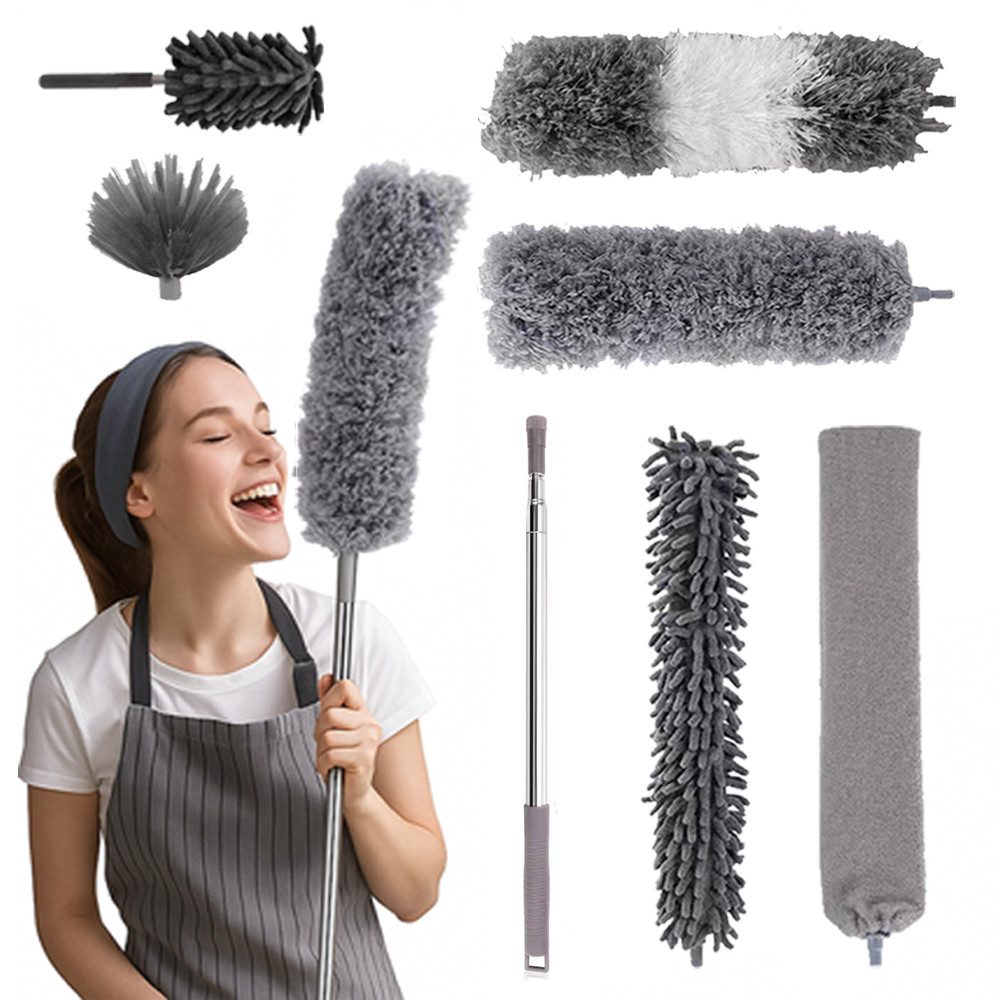 JASLIFE Staubwedel Staubwischer Set, waschbar ausziehbar bis 250 cm, mit Teleskopstiel (7-St), wiederverwendbar, flexibel bis 90°, fusselfrei, Wandschutz