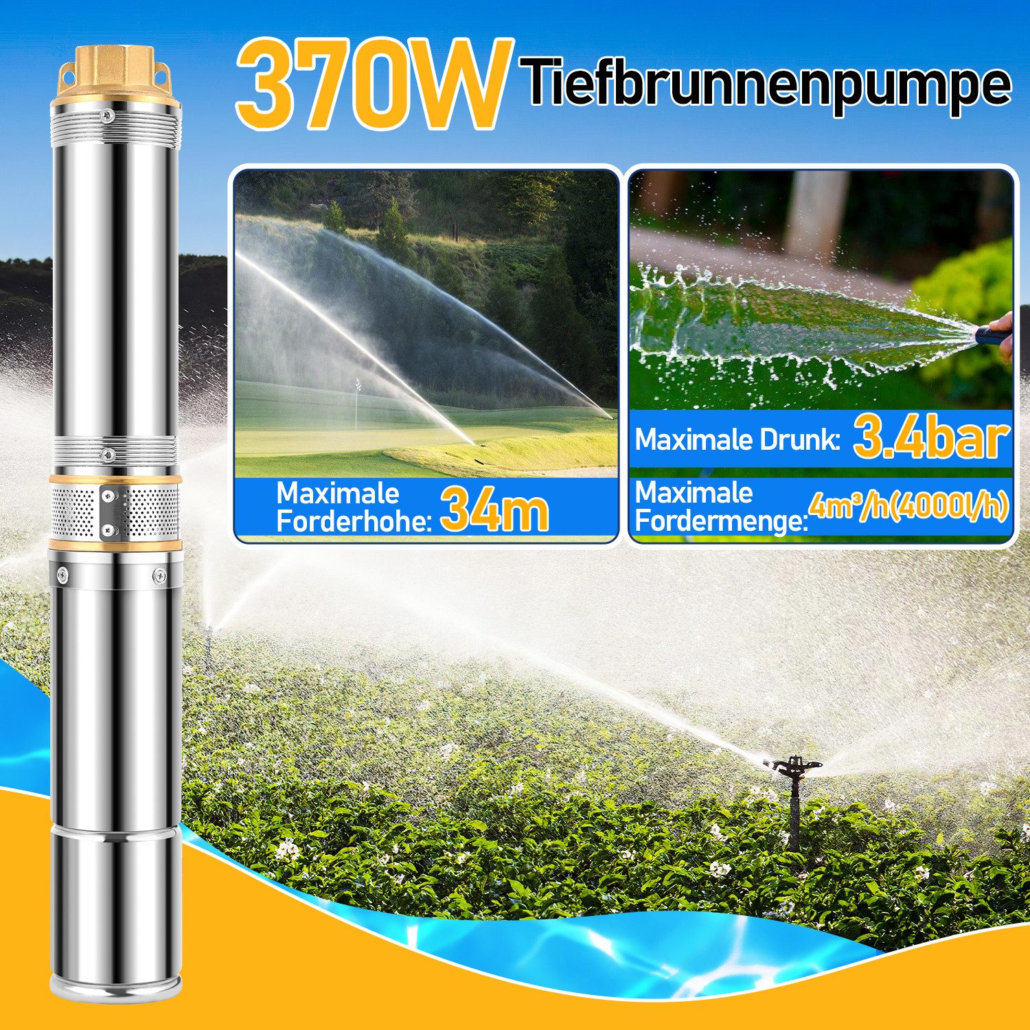 Clanmacy Tiefbrunnenpumpe Brunnenpumpe mit 4000L/h Fördermenge Rohrpumpe Edelstahl Tauchpumpe (Sandverträglich Tauchdruckpumpe 3.4 bar max), 0.37kW/bis 4.000 l/h Fördermenge Edelstahl Brunnenpumpe