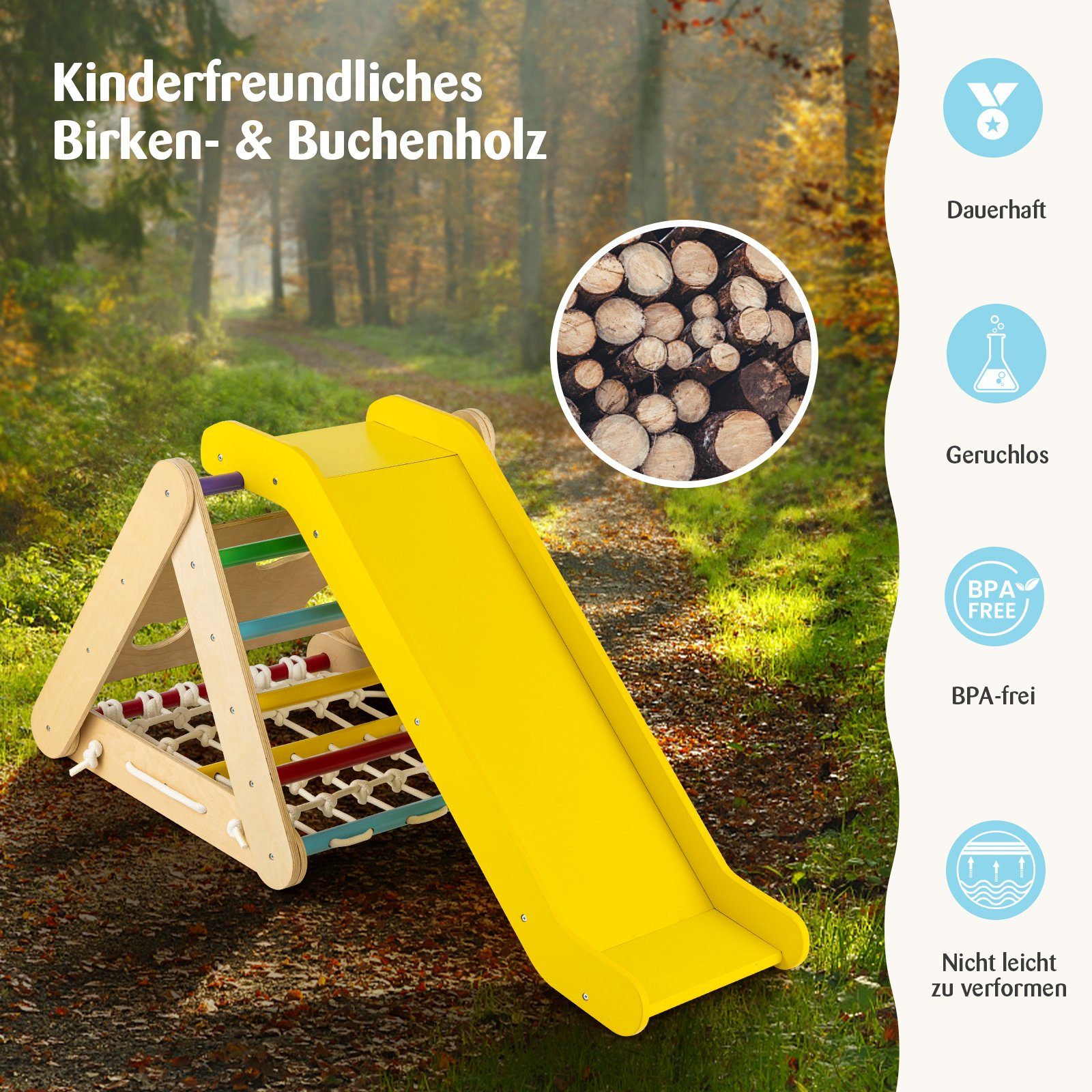 COSTWAY Klettergerüst 4 in 1 Kletterdreieck, mit Rutsche, aus Holz günstig online kaufen