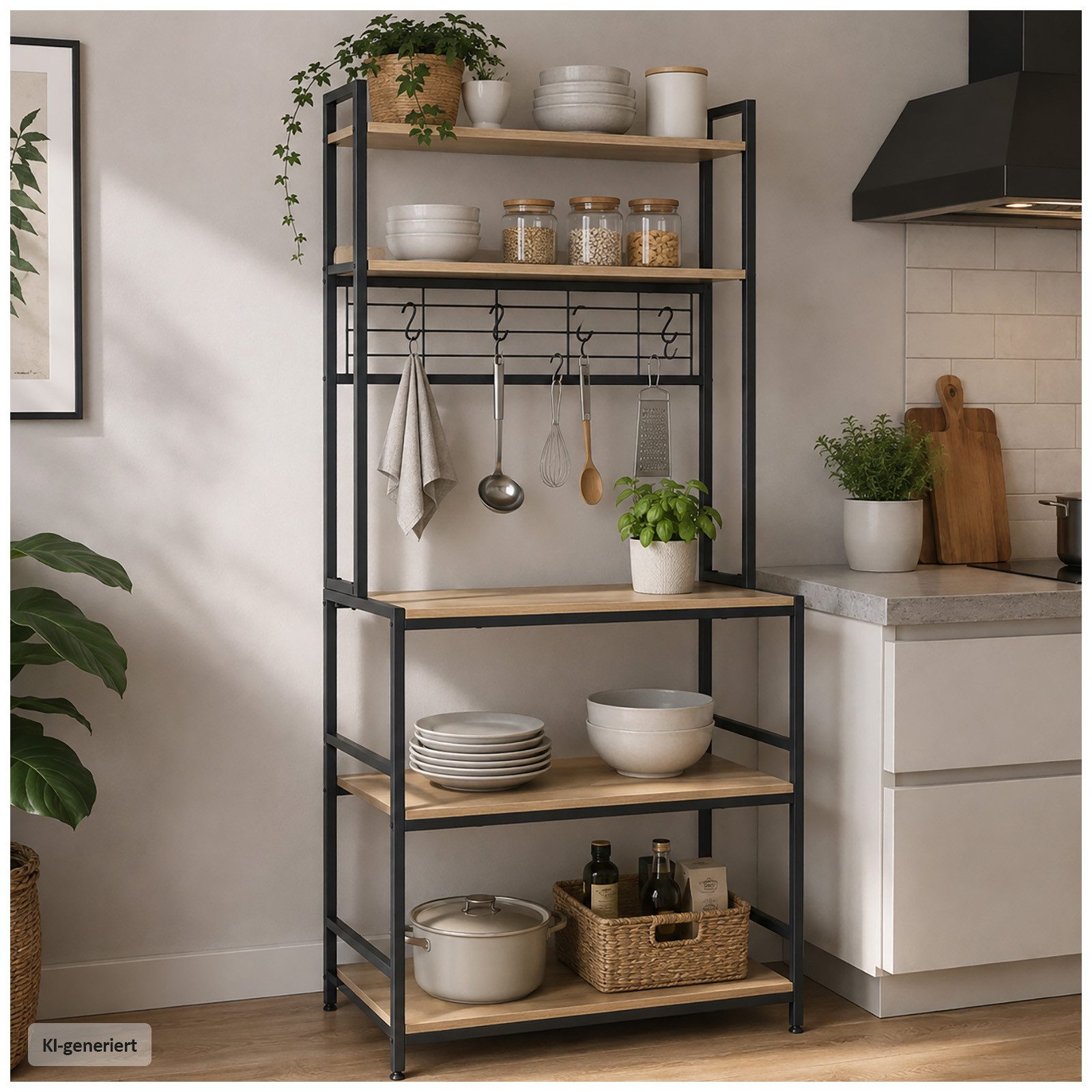 HTI-Living Küchenregal Modernes Regal Elio 5 Ablagen 4 Haken Sonoma Schwarz, 1 Stück 1-tlg.