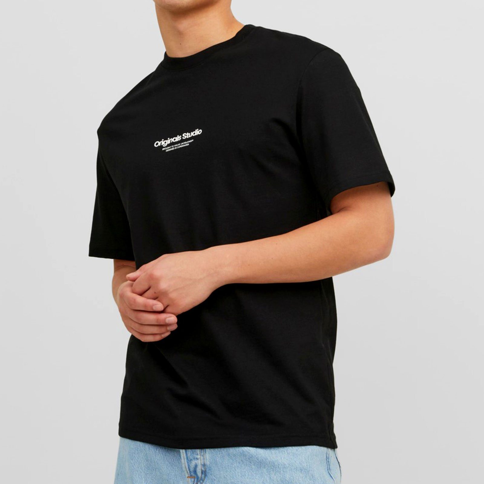 Jack & Jones T-Shirt 3er der Vorderseite Pack Neck auf black Tee Jorvesterbro Schriftzug mit modischem SS Crew
