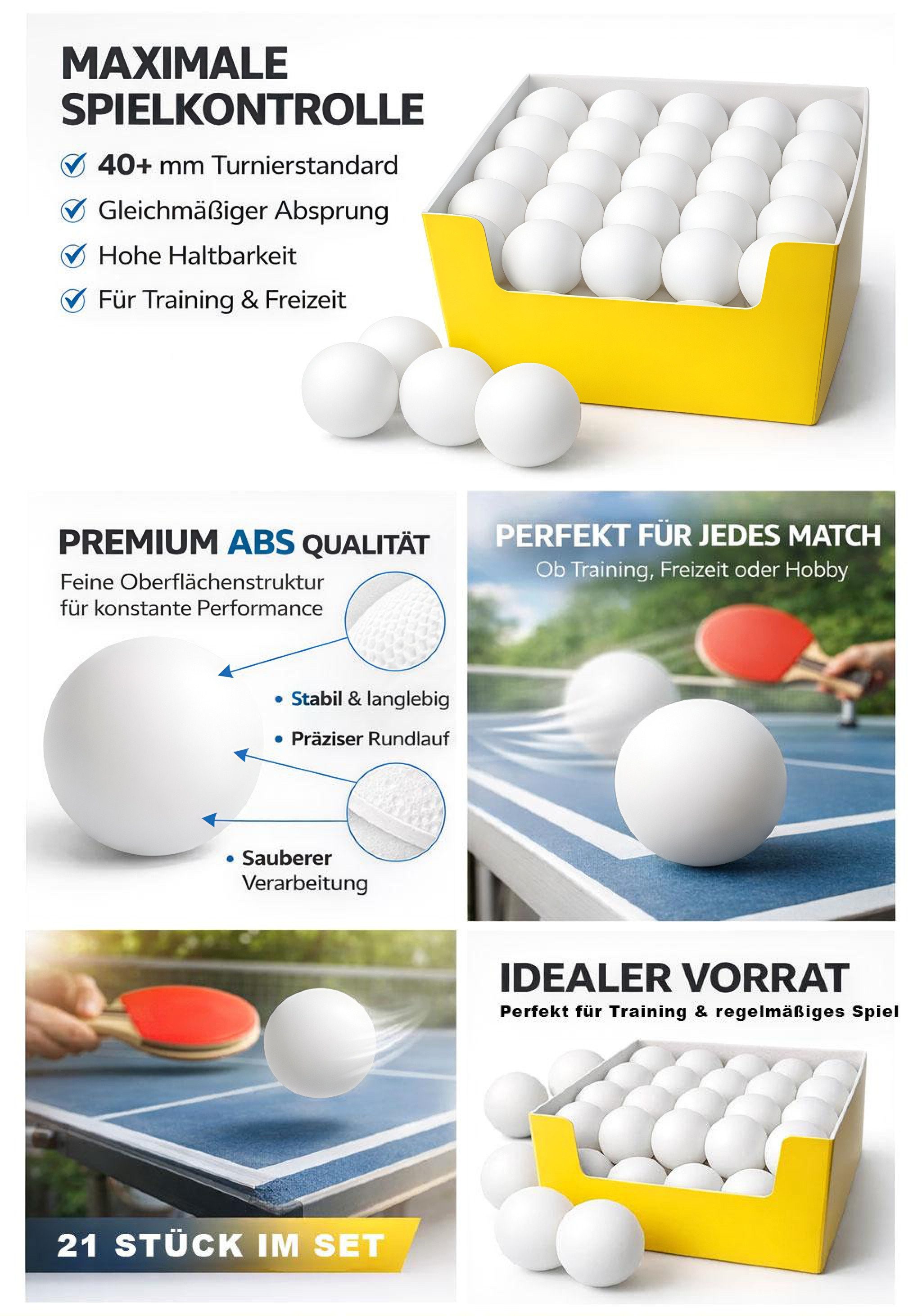 VABIONO Tischtennisball Tischtennisbälle Pingpong Trainings-Ball 21 Stück weiß Ø40+ mm 3*** (INDOOR + OUTDOOR geeignet, 21-St., Bounce-Qualität), kostenloser Versand
