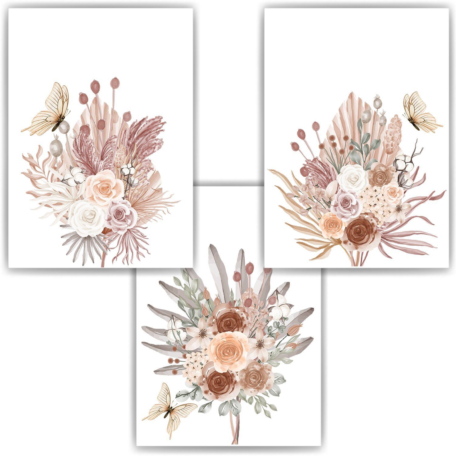 Tigerlino Poster Blumen Boho Natur Schmetterling 3er Set Bilder Kinderzimmer Deko