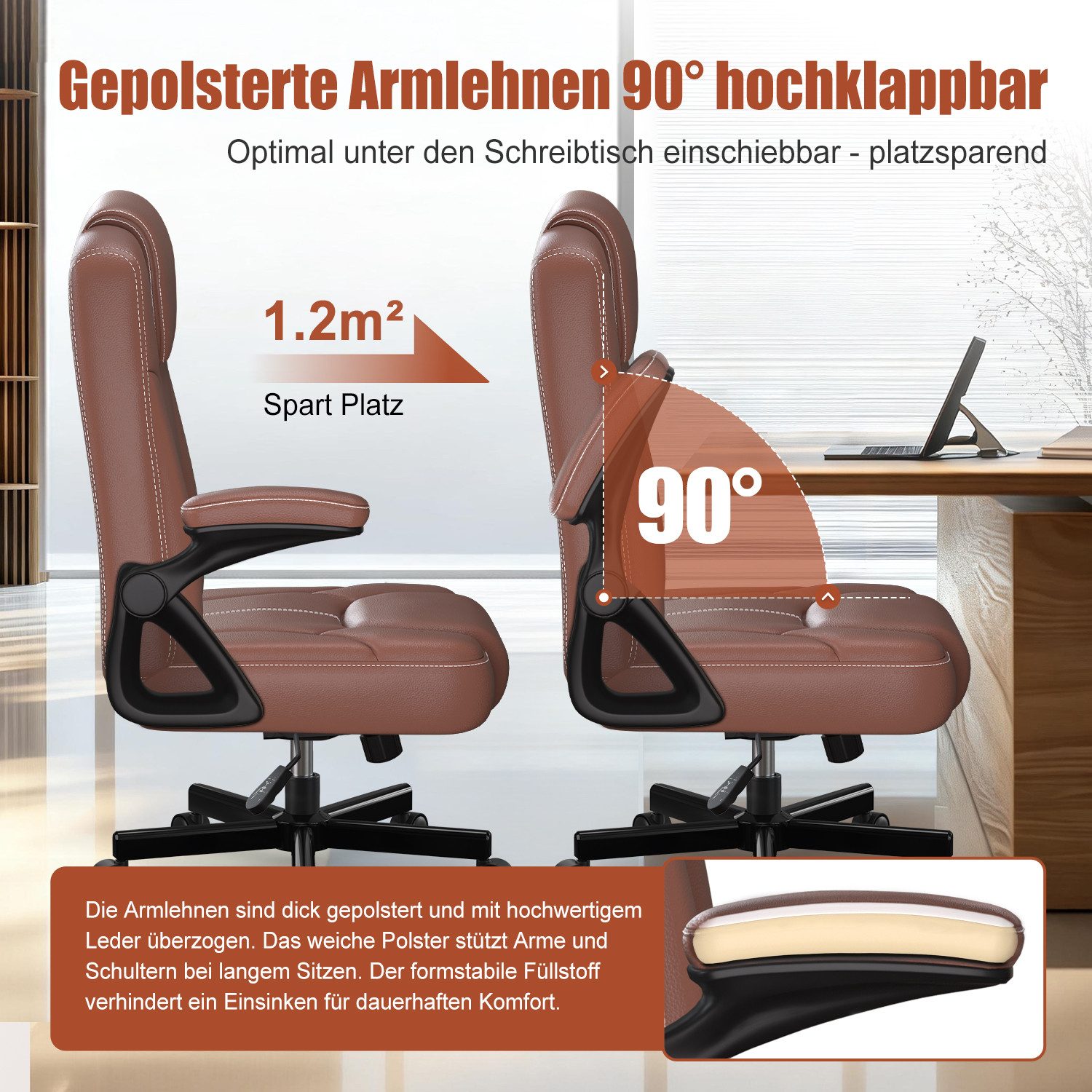Homimaster Bürostuhl Ergonomischer Bürostuhl mit 90° Klapparmlehnen (Verstellbare Rückenlehne & hoher Sitzkomfort, Schreibtischstuhl mit 90-120° Neigungsfunktio – Bild 5 von 5