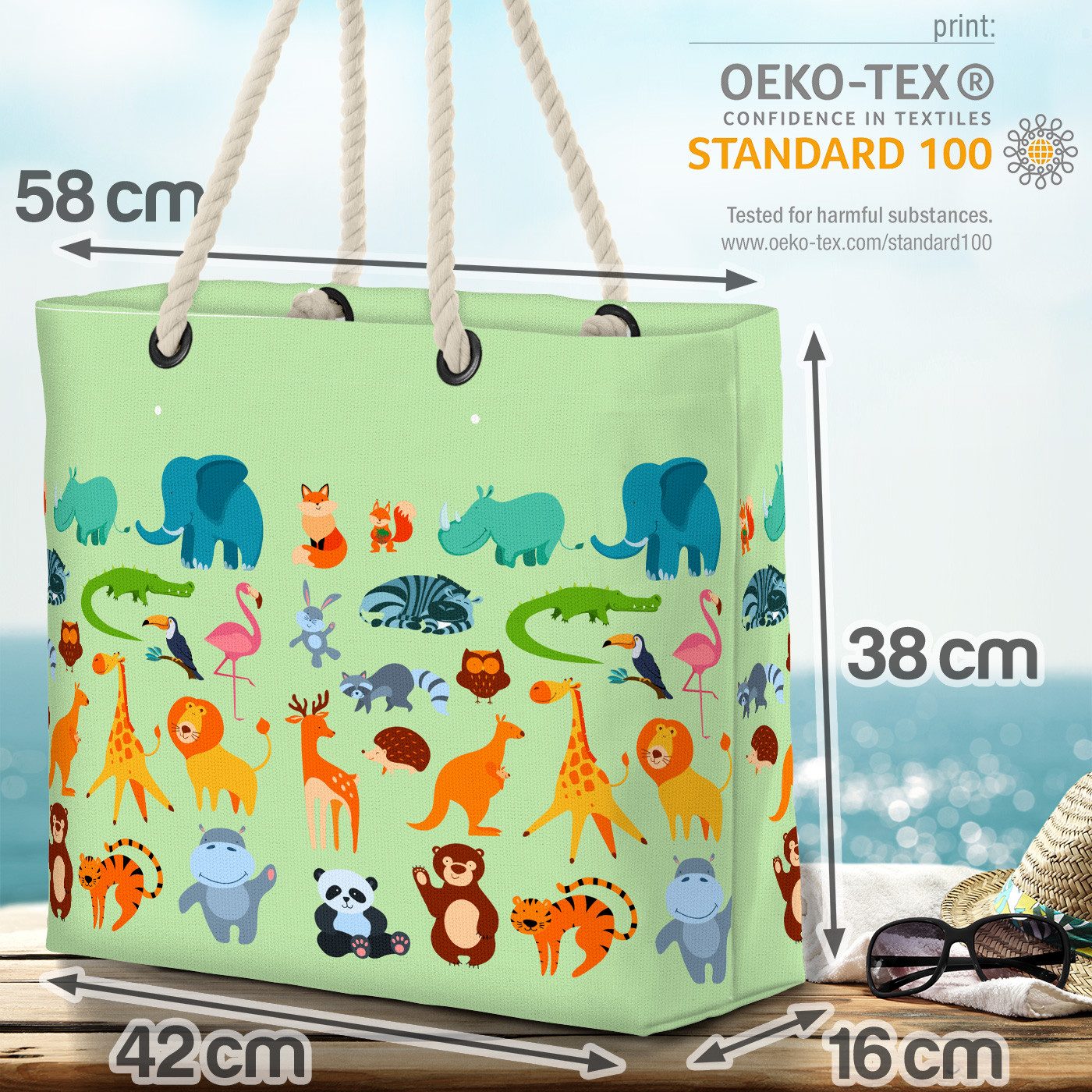 VOID Strandtasche (1-tlg), Zoo Tierparade Beach Bag Kinder Tiere Elefant Löwe Igel Giraffe Hase