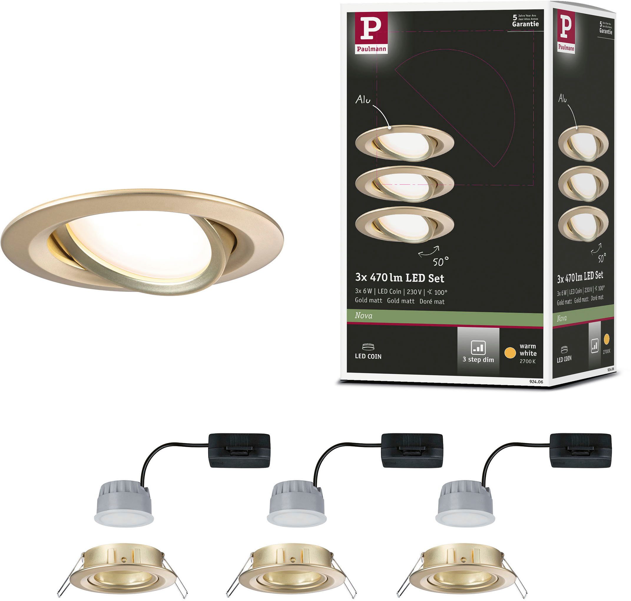 Paulmann LED Einbauleuchte LED Einbauleuchte 3-Step-Dim Nova Coin rund 84mm 50° Gold matt, LED fest integriert, Warmweiß, mehrere Helligkeitsstufen