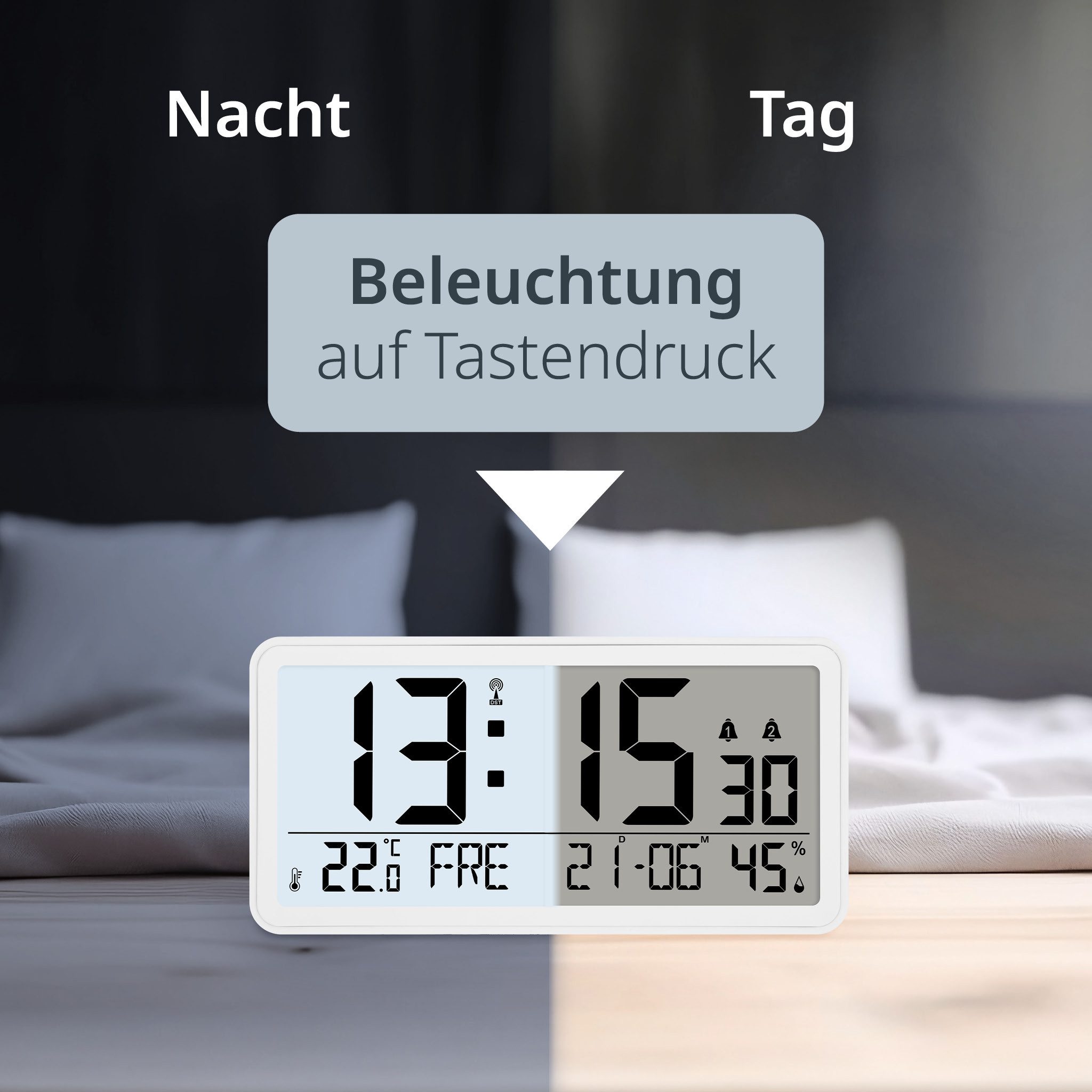 ADE Funktischuhr digital XXL-Ziffern, Tischuhr & Wanduhr mit Thermometer, 2 Weckzeiten Funkuhr mit Hygrometer, Datum & Wochentag, inkl. AA Batterien – Bild 4 von 5