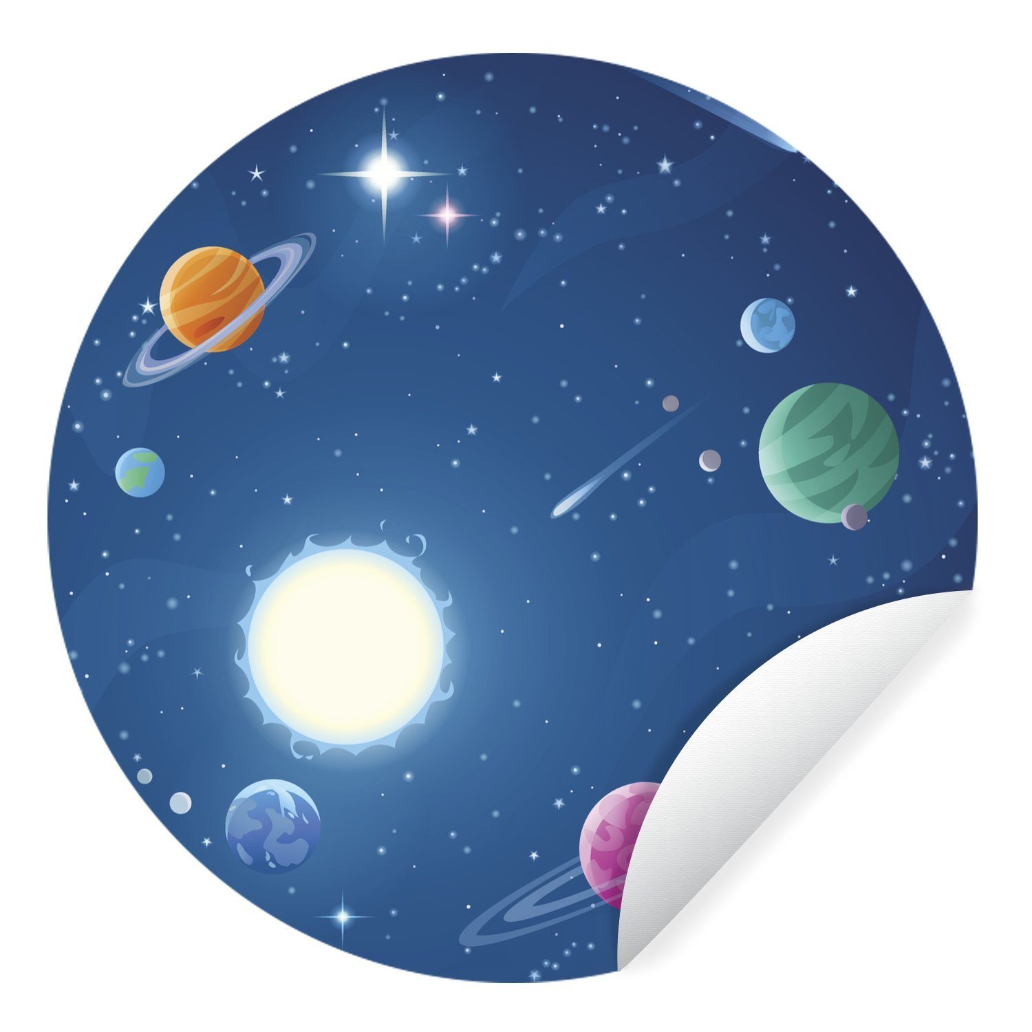 MuchoWow Wandsticker Eine Illustration Tapetenaufkleber, für Rund, Wohnzimmer Planeten St), des gefüllten mit Tapetenkreis Kinderzimmer, Weltraums (1