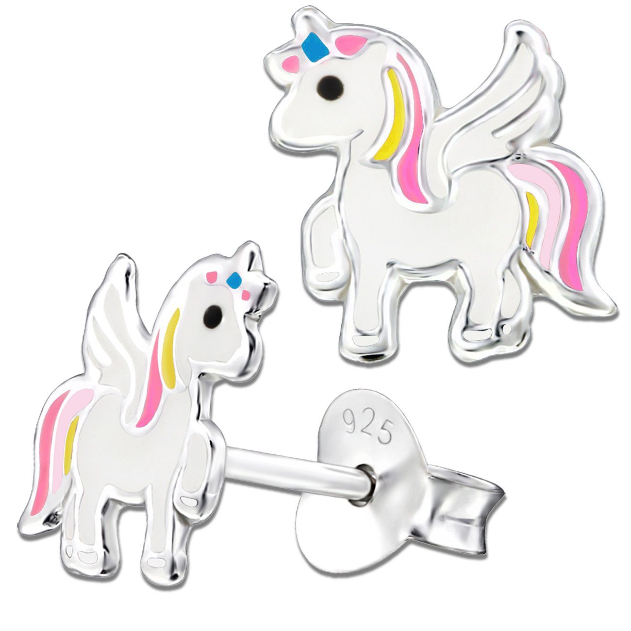 Kinder Mädchen Glitzer Einhorn Pferde 925 echt Ohrstecker-Set Sterling Schmetterling, Ohrringe Limana Silber K315o+P9