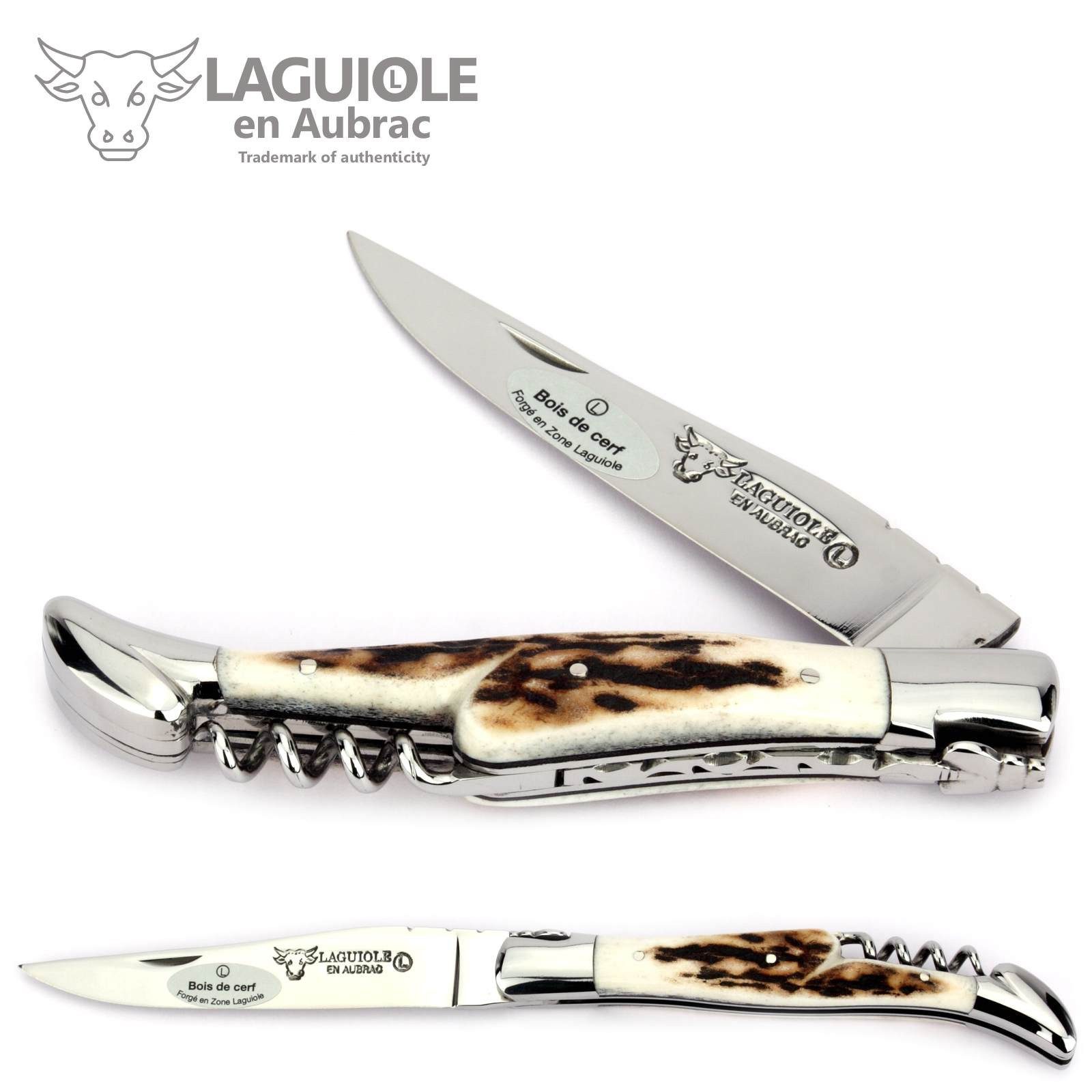 Laguiole en Aubrac Taschenmesser L0312BCIFI, Griff 12cm Hirschhorn - Verzierte Feder - Korkenzieher - Stahl Glanz