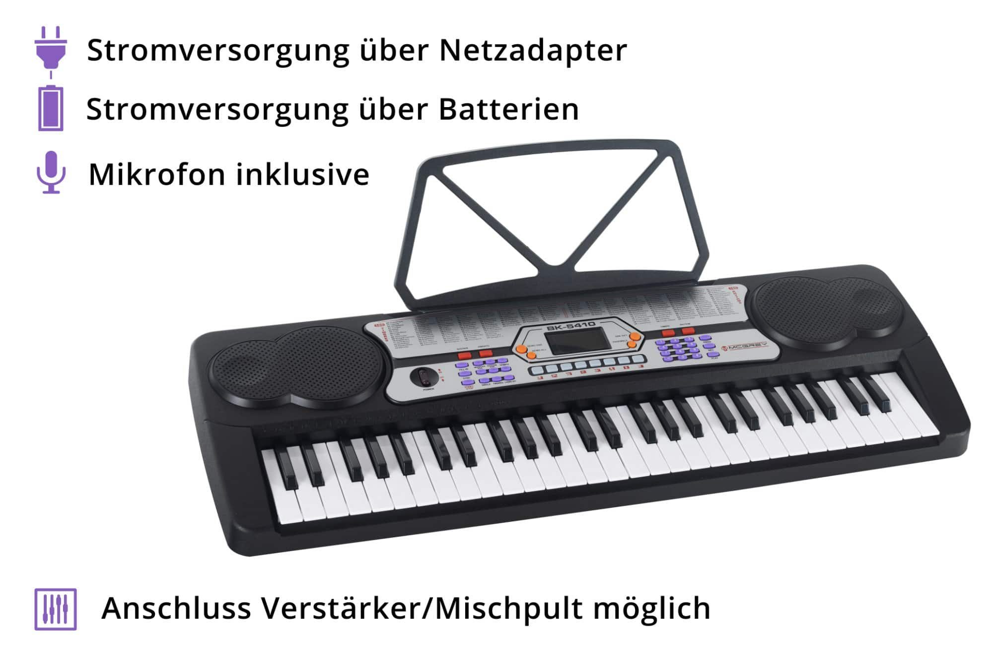 McGrey Home-Keyboard BK-5410 Keyboard Mini-Ständer Set - Einsteiger-Keyboard mit 54 Tasten (100 Sounds & Rhythmen - umfangreiche Lernfunktion, 3-St., Inkl. Ständer, Mikrofon und Notenhalter), mit Guide Funktion: One Key / Ensemble