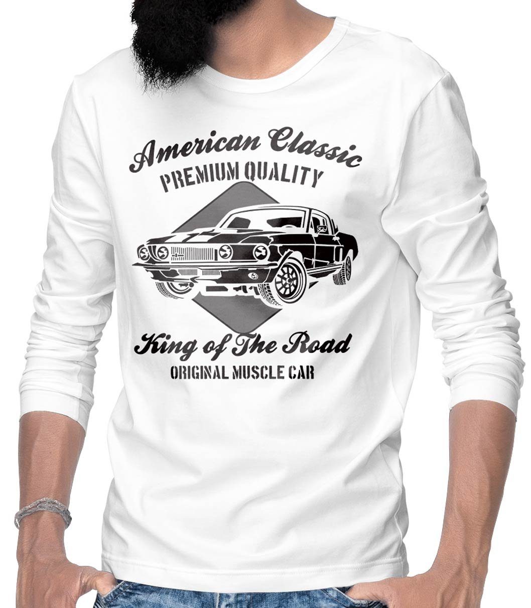 Rebel On Wheels Longsleeve Herren Langarm T-Shirt Longsleeve Tee American Classics mit Auto / US-Car Motiv Weiß