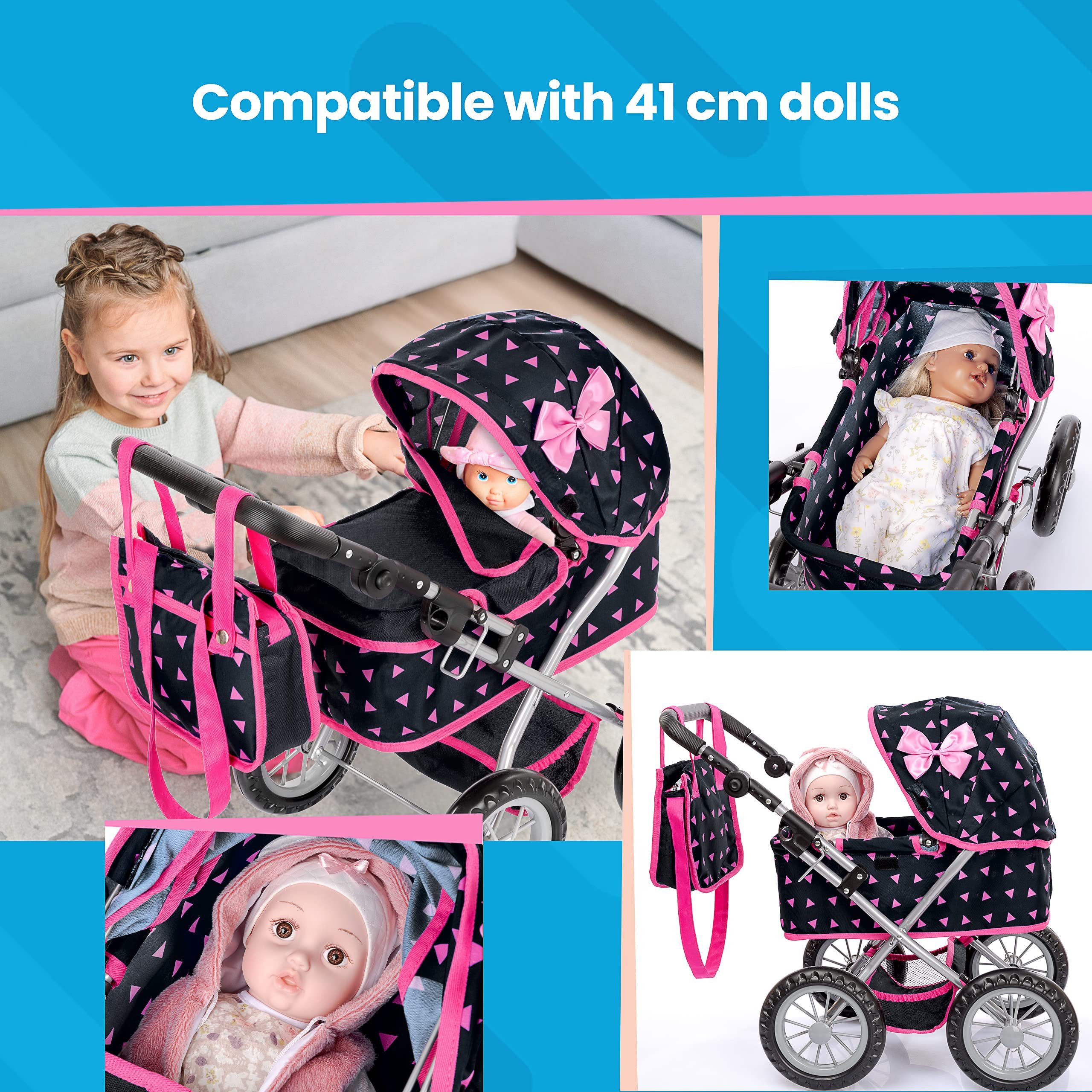 kinderplay Puppenwagen Puppenwagen mit Tasche – höhenverstellbar – Spielspaß ab 2 Jahren – kl – Bild 4 von 5