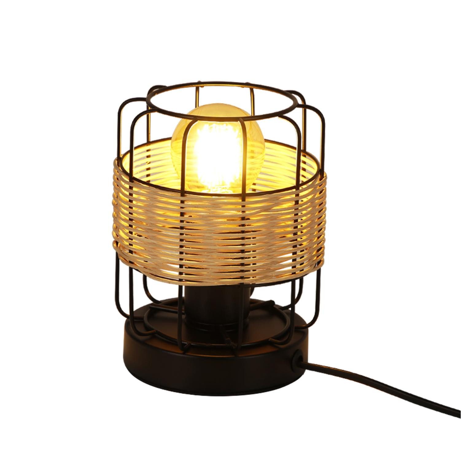 Zmh Lampada Da Tavolo Metallo Rattan Nera Boho Scandinavo E27 Per Soggiorno Camera