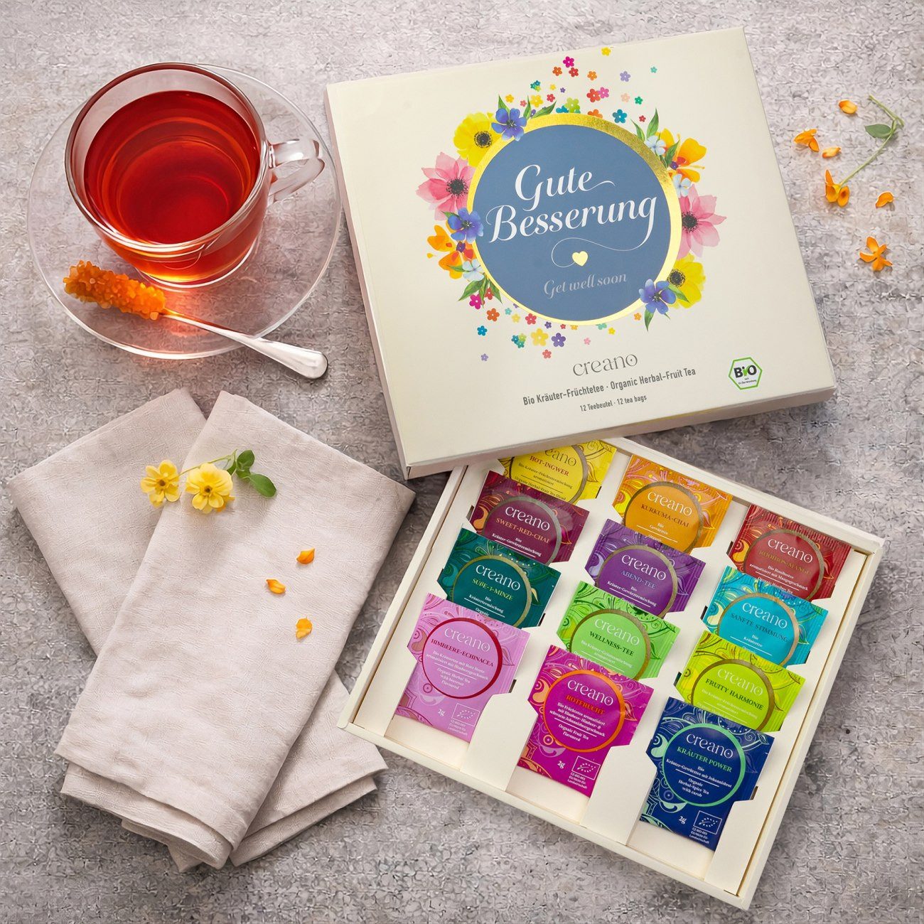 Creano Tee Bio Kräutertee Geschenkset - Gute Besserung - 12x Bio-Teebeutel 24g*, 1 x 12 St.