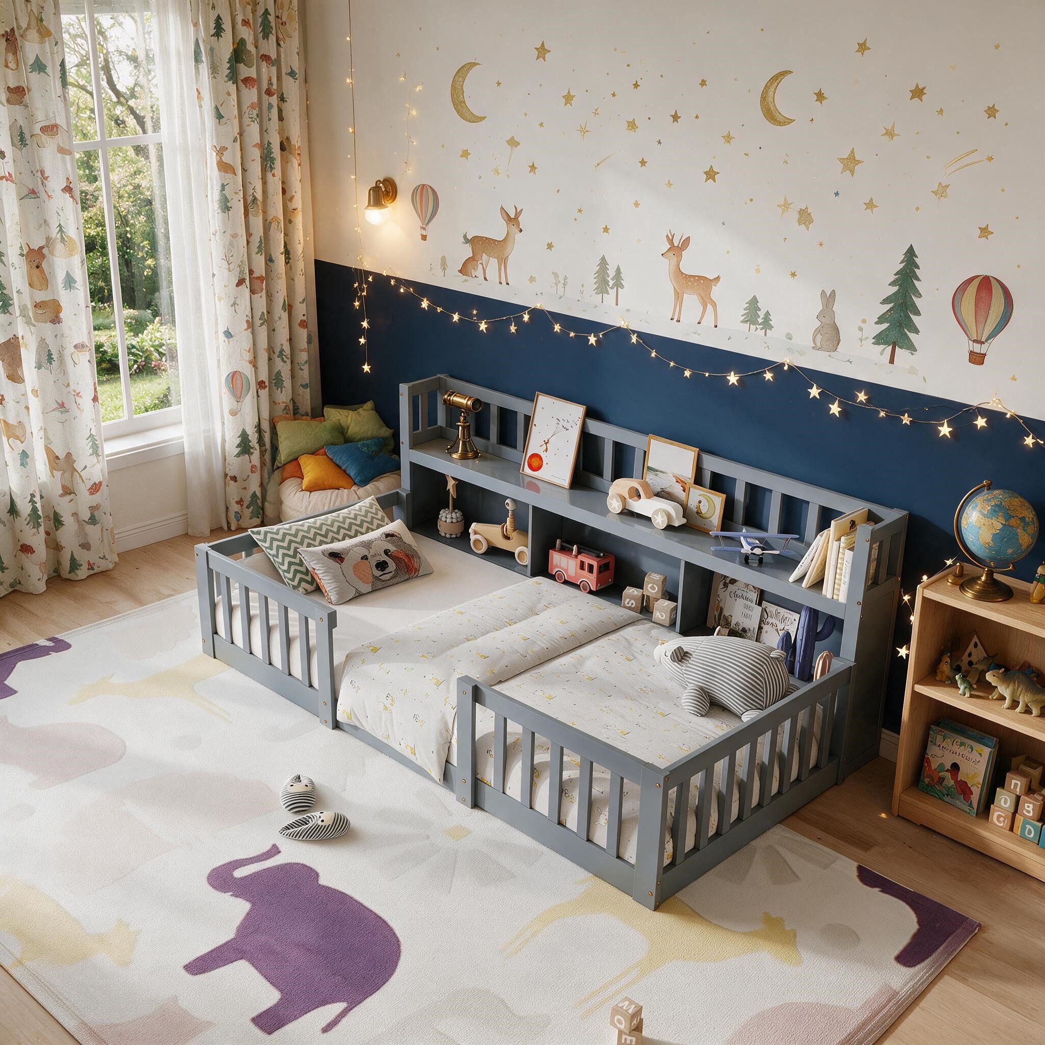 Simurq Kinderbett Montessori‑Kinderbett 90x200 cm Massivholz, Bodenbett mit Bücherregal