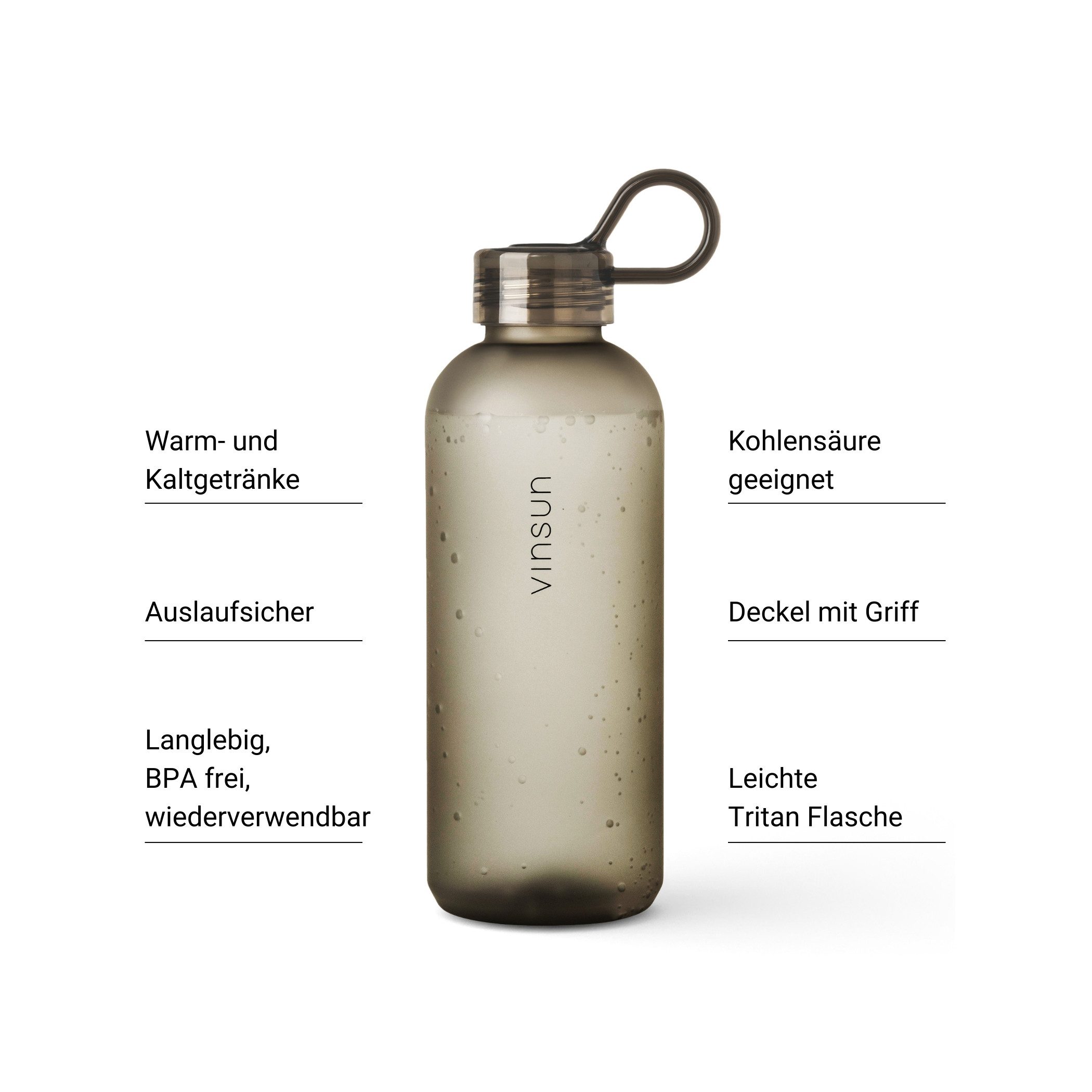 Vinsun Trinkflasche Trinkflasche 650ml, Kohlensäure geeignet, auslaufsicher, Tritan, BPA frei, bruchsicher, geruchs- und geschmacksneutral, auslaufsicher