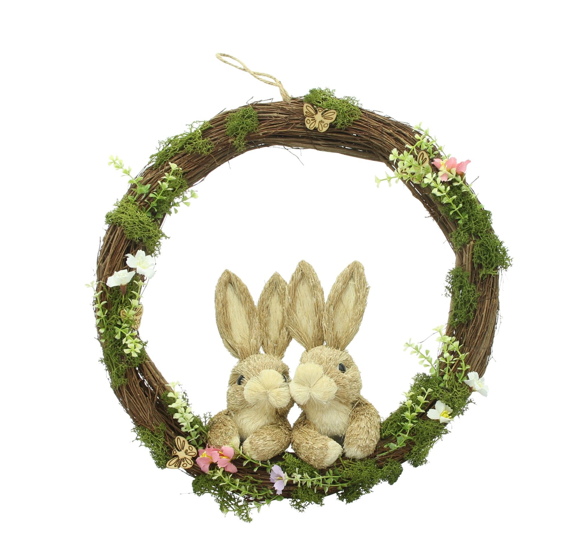 Dekoleidenschaft Osterkranz "Hasenpärchen" Ø 40 cm groß, Kranz aus Reisig Dekokranz mit Osterhasen, aus Stroh, Türkranz, Osterdeko, Naturkranz