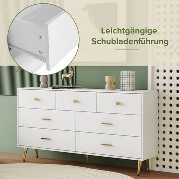 MODFU Sideboard Küchenschrank Kommode (7 Schubladen,goldene Griffe, goldene Beine), latte Schubladenführungen, 140*35*76cm