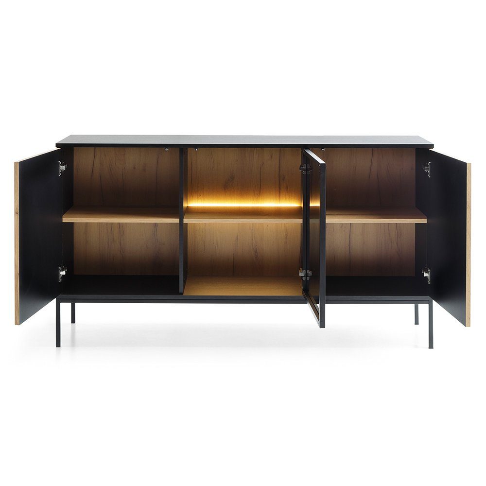 Lomadox Sideboard SIBARI-160, Sideboard in schwarz mit Wotan Eiche Nb., grifflos B/H/T 154/83/39 cm