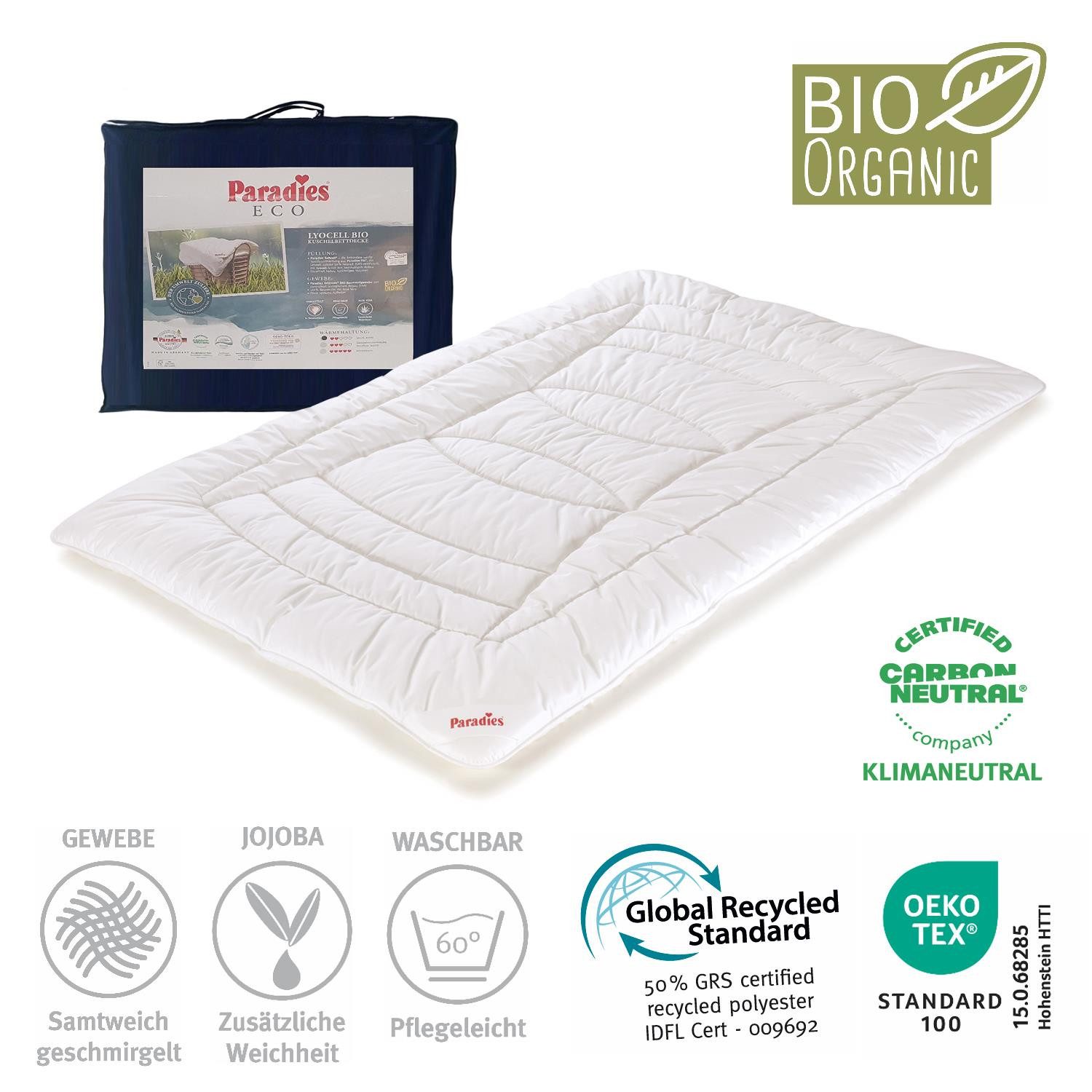 Paradies Kunstfaserbettdecke Paradies Nima-Fill Bio medium warme Bettdecke mit Jojoba 135x200, Füllung: Paradies Softcell Fasertechnologie für dauerhaft bauschiges Volumen, 80% Polyester (50% recycled), 20% Lyocell, Bezug: 100% Bio Baumwolle, veredelt mit Jojoba, Klimaneutrale Herstellung