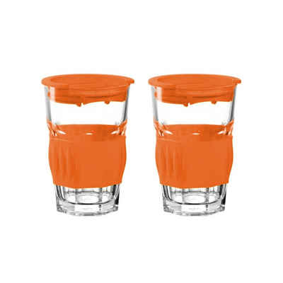 montana-Glas Becher Becher to go 2er-Set Orange, Glas, Kunststoff, Trinkgläser mit Deckel